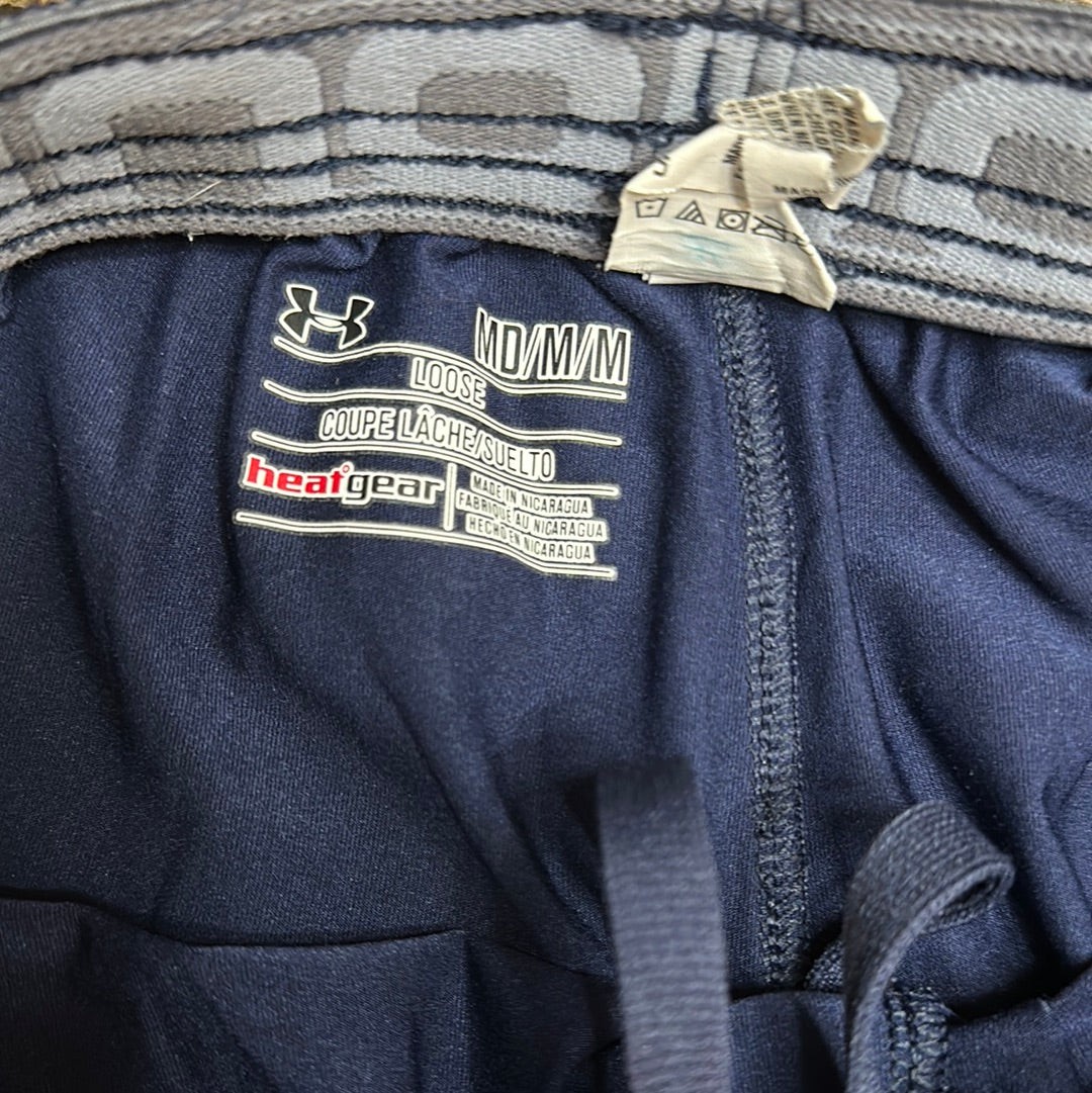 Men’s navy blue under armour heat gear loose shorts athletic no pockets rampart ridge high school track and field