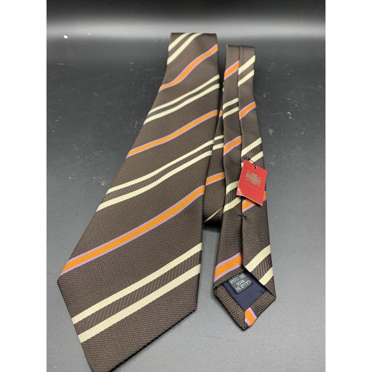 NWT Olimpo Tie Brown with Cream And Orange Pattern 100% Silk Made in Spain