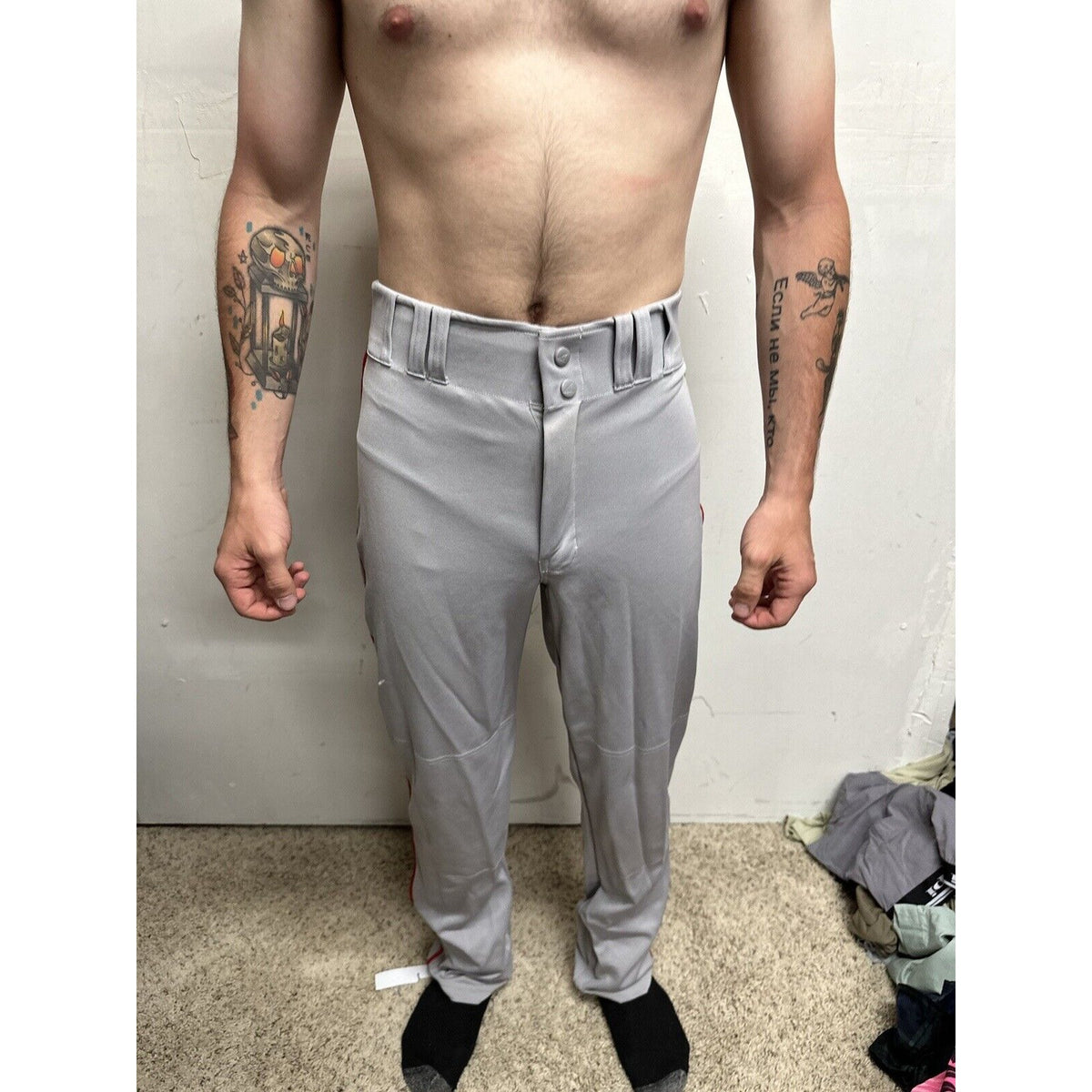 Men’s Chanmpro Adult Medium Gray Baseball Pants Red Stripe
