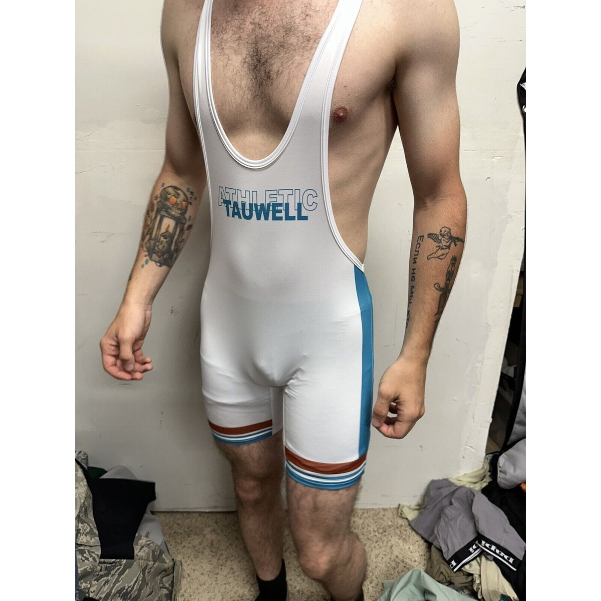 Men’s Tauwell White And Aqua Wrestling Singlet Large