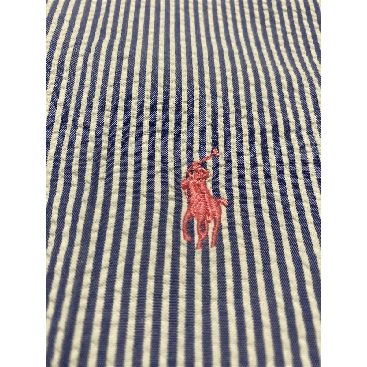 Ralph Lauren Men's Large White Blue Seersucker Striped Short Sleeve Button Down