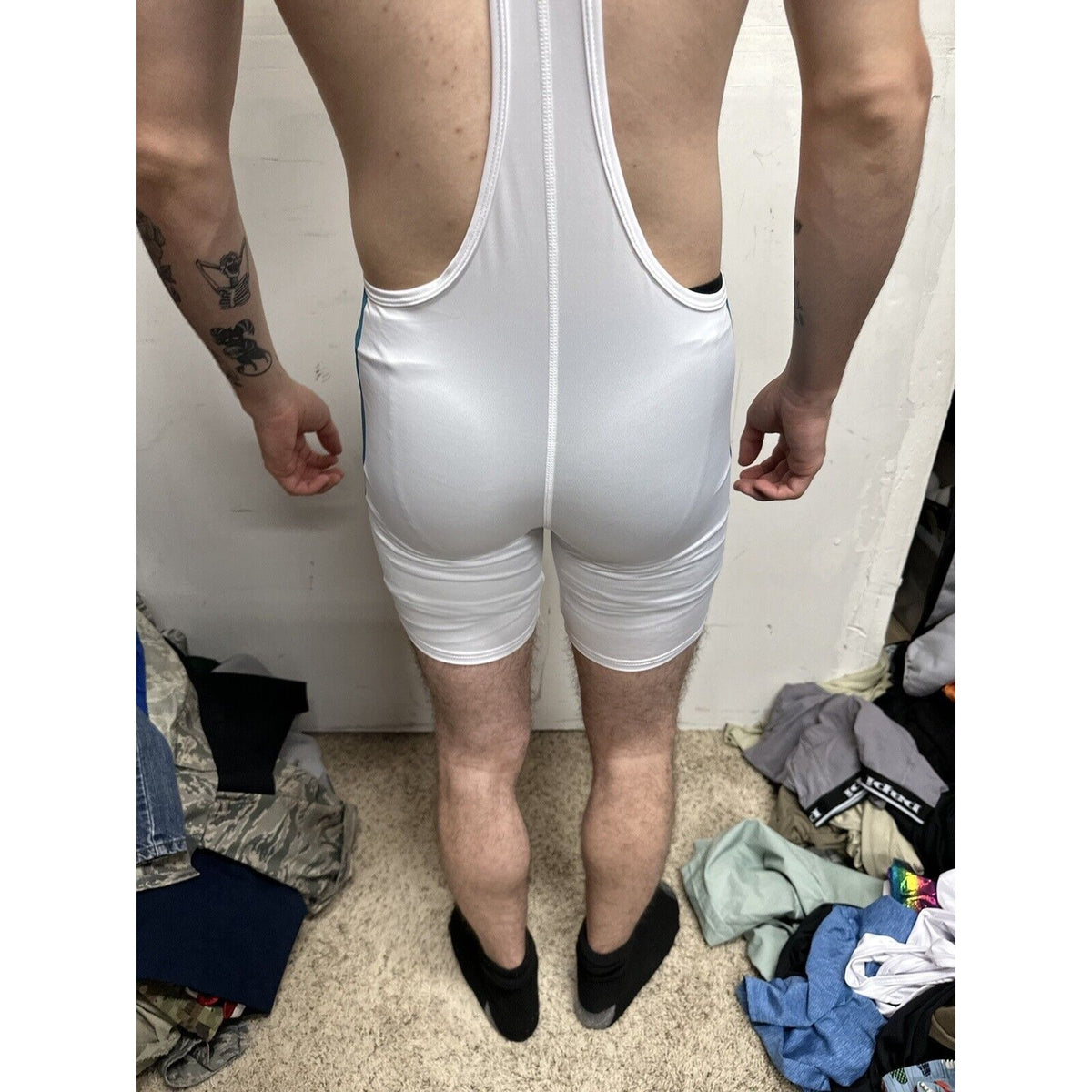 Men’s Tauwell White And Aqua Wrestling Singlet Large