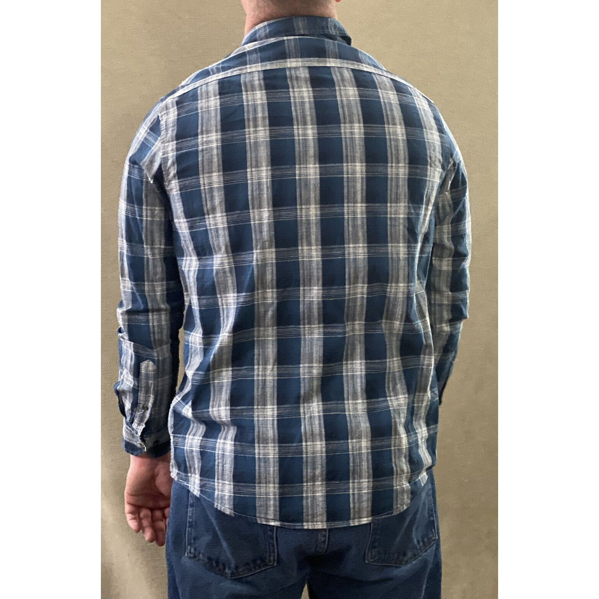 Faded Glory Men’s Medium Cobalt Blue White Plaid Button-down Cotton Long Sleeves