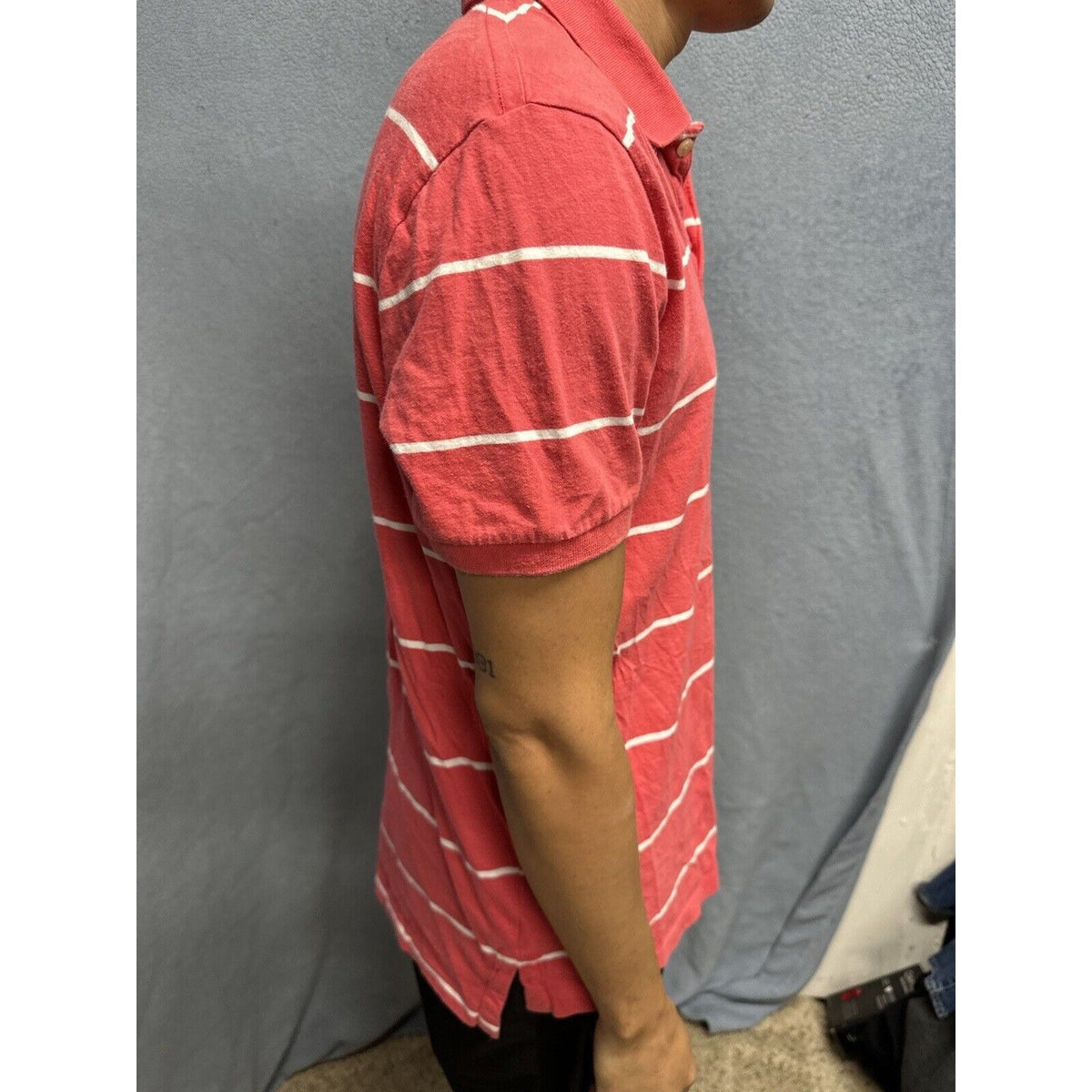 Salmon Pink Men’s Striped American Eagle Vintage Fit Large Polo Shirt