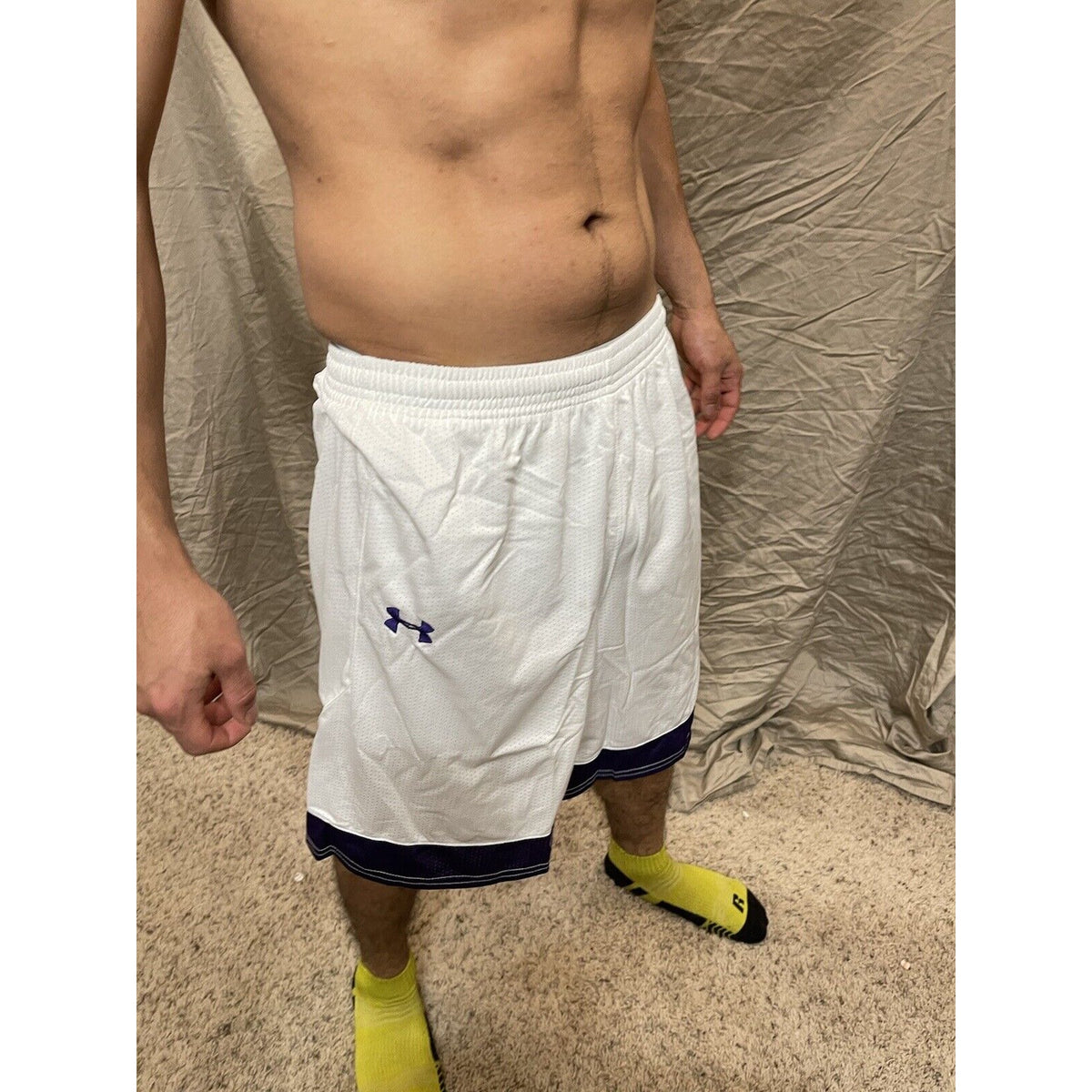 Men's under armour Small white and purple Lacrosse style shorts no pockets