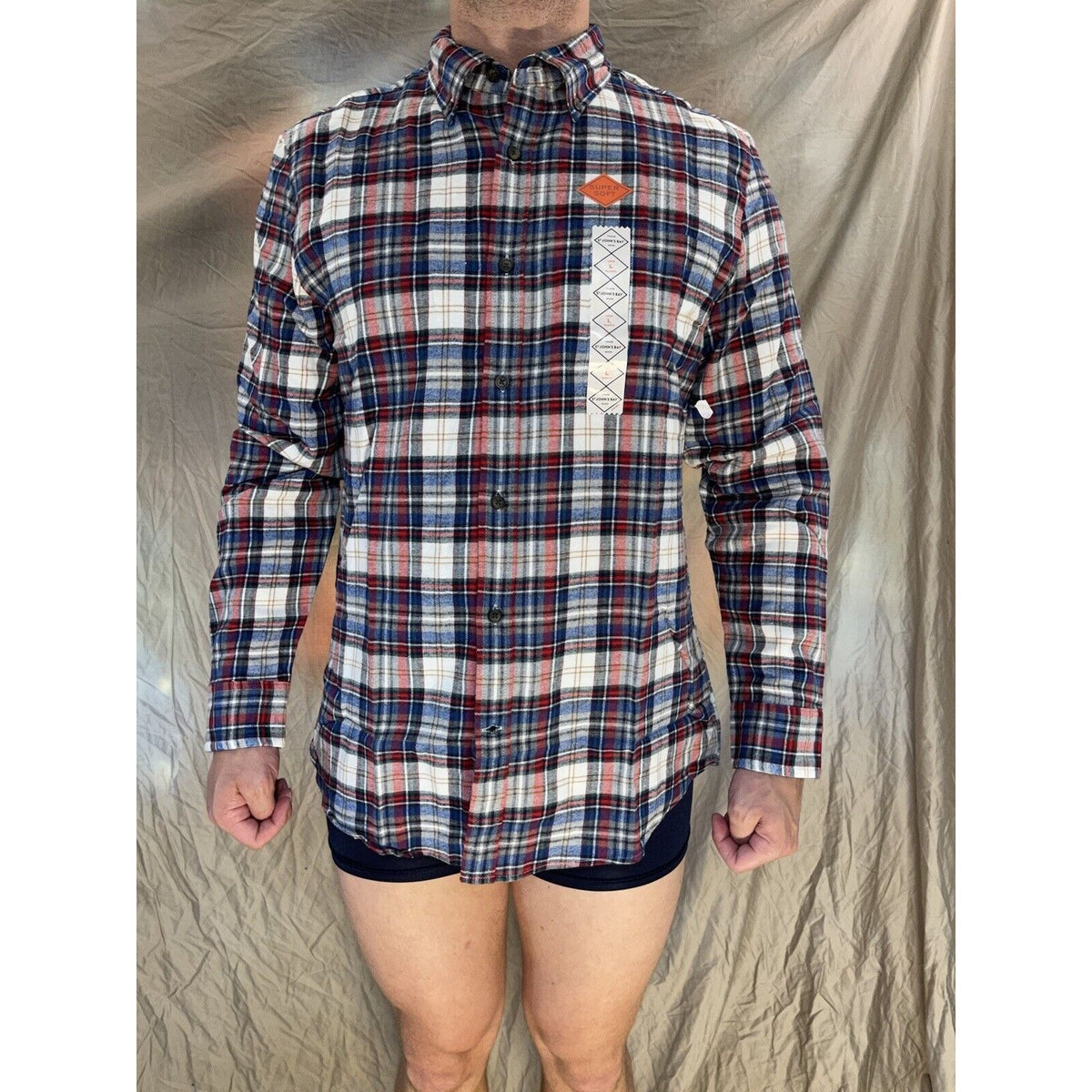 men's plaid blue red st john's bay large polar bear mulit long sleeve buttonup