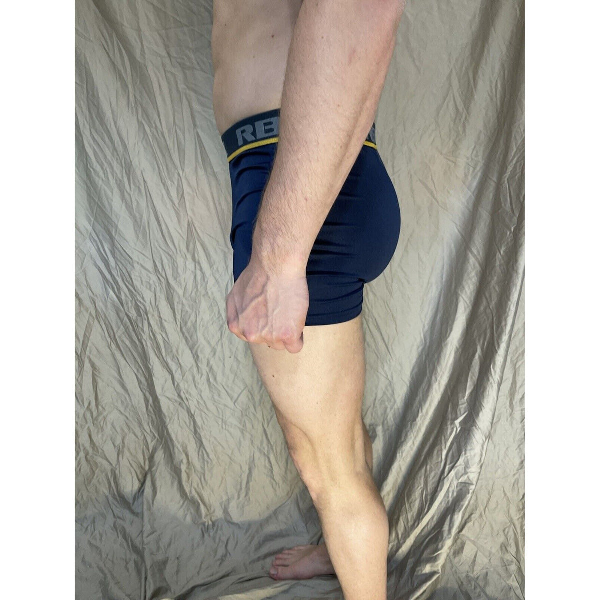 men's blue rbx compression boxer briefs yellow line on band Large