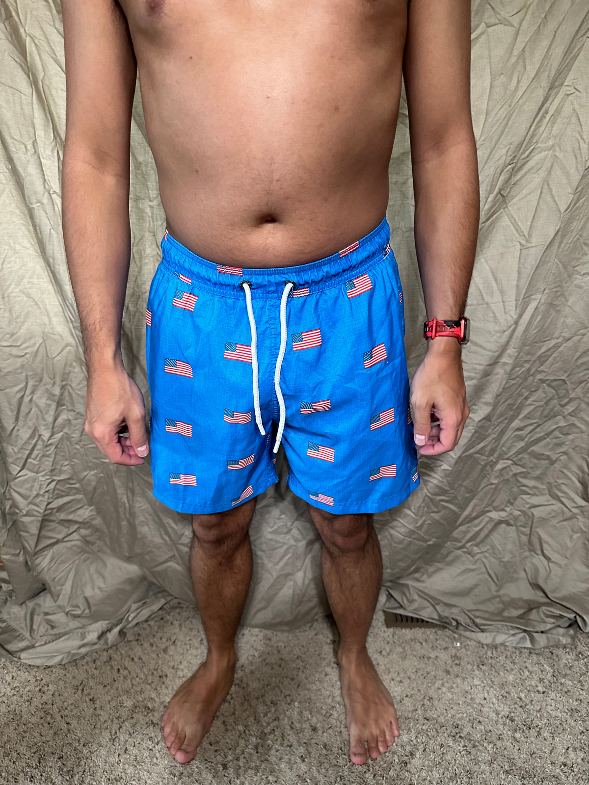 Men’s blue American flag patriotic size medium bathing suit with lining and pockets us apparel