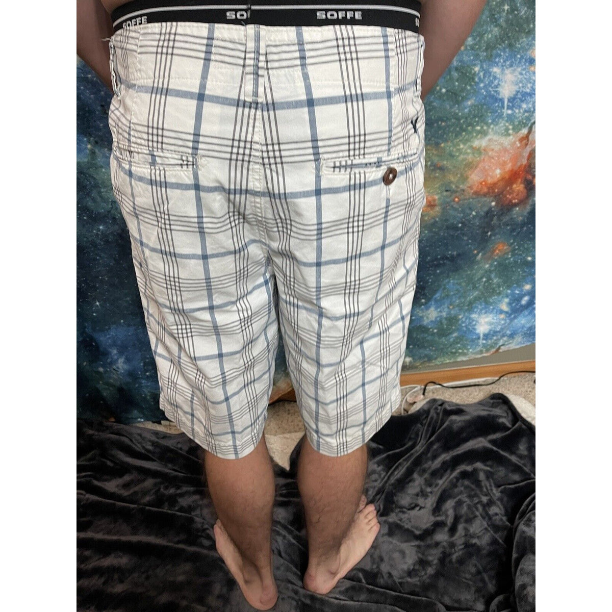 Men’s American Eagle Size 31 White Blue Plaid Longboard Shorts