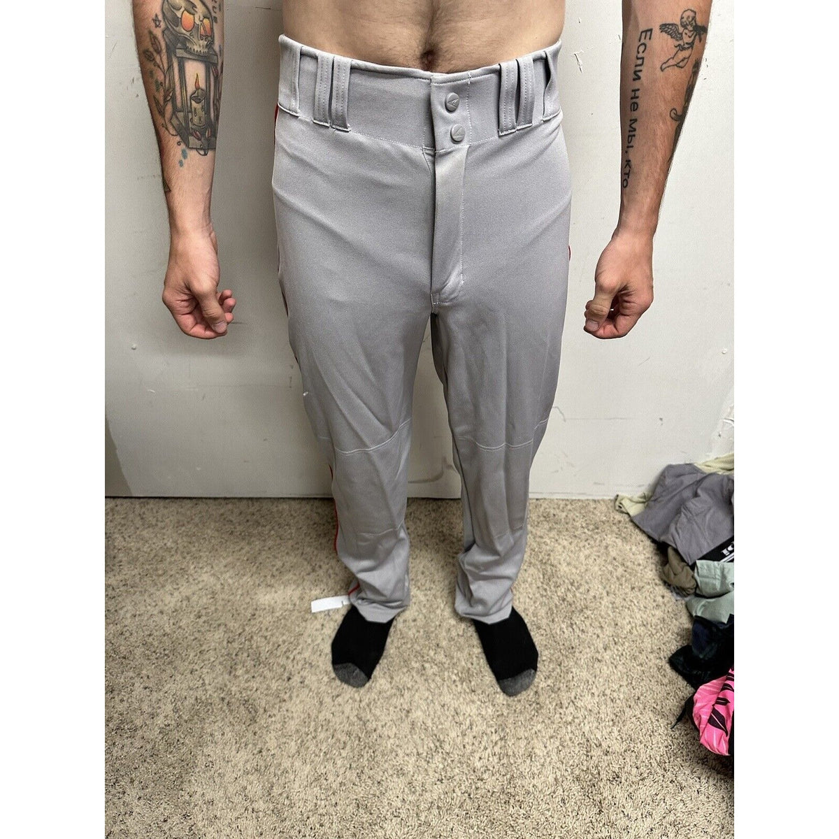 Men’s Chanmpro Adult Medium Gray Baseball Pants Red Stripe