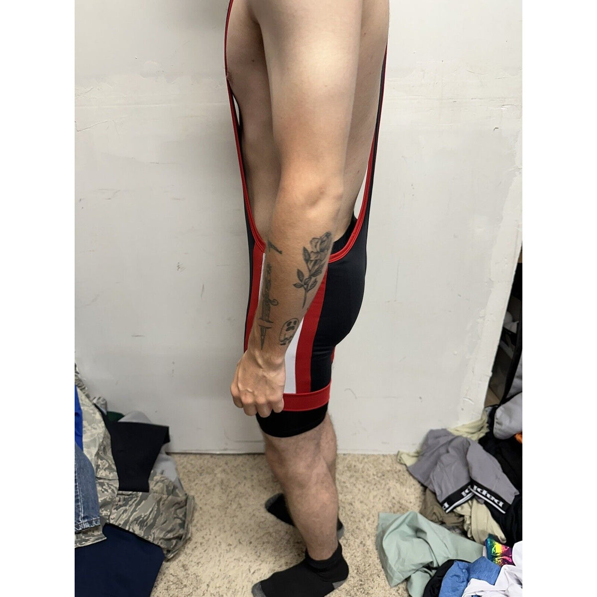 Men’s Tauwell Wrestling Singlet Black And Red With White Large