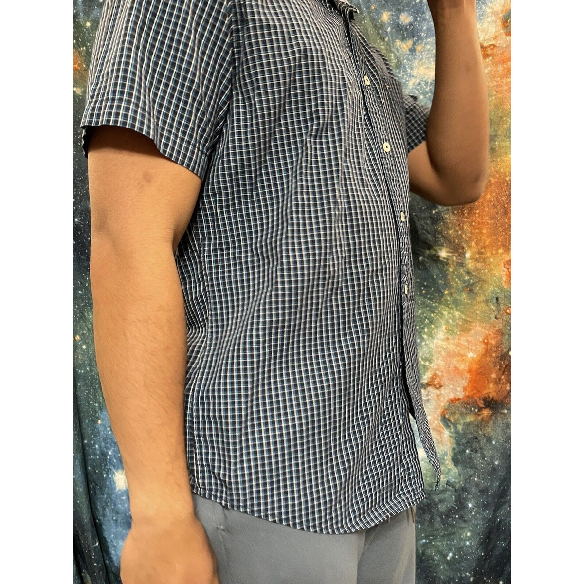 Tommy Hilfiger Men’s Large classic fit button up short sleeve shirt Blue Green