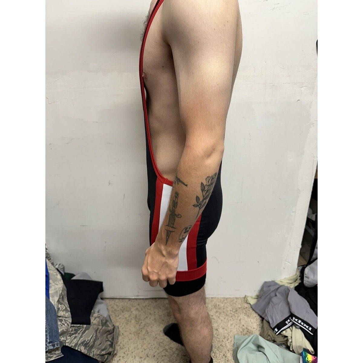 Men’s Tauwell Wrestling Singlet Black And Red With White Large