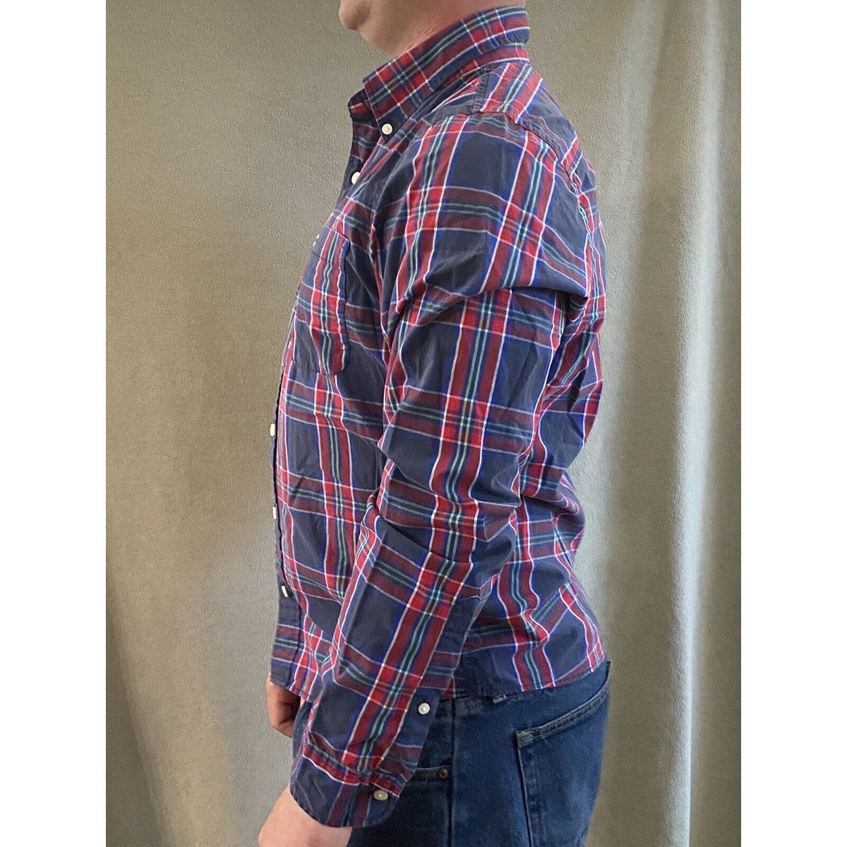 Hollister Men’s Large Blue Red Plaid Cotton Button-down Long Sleeves