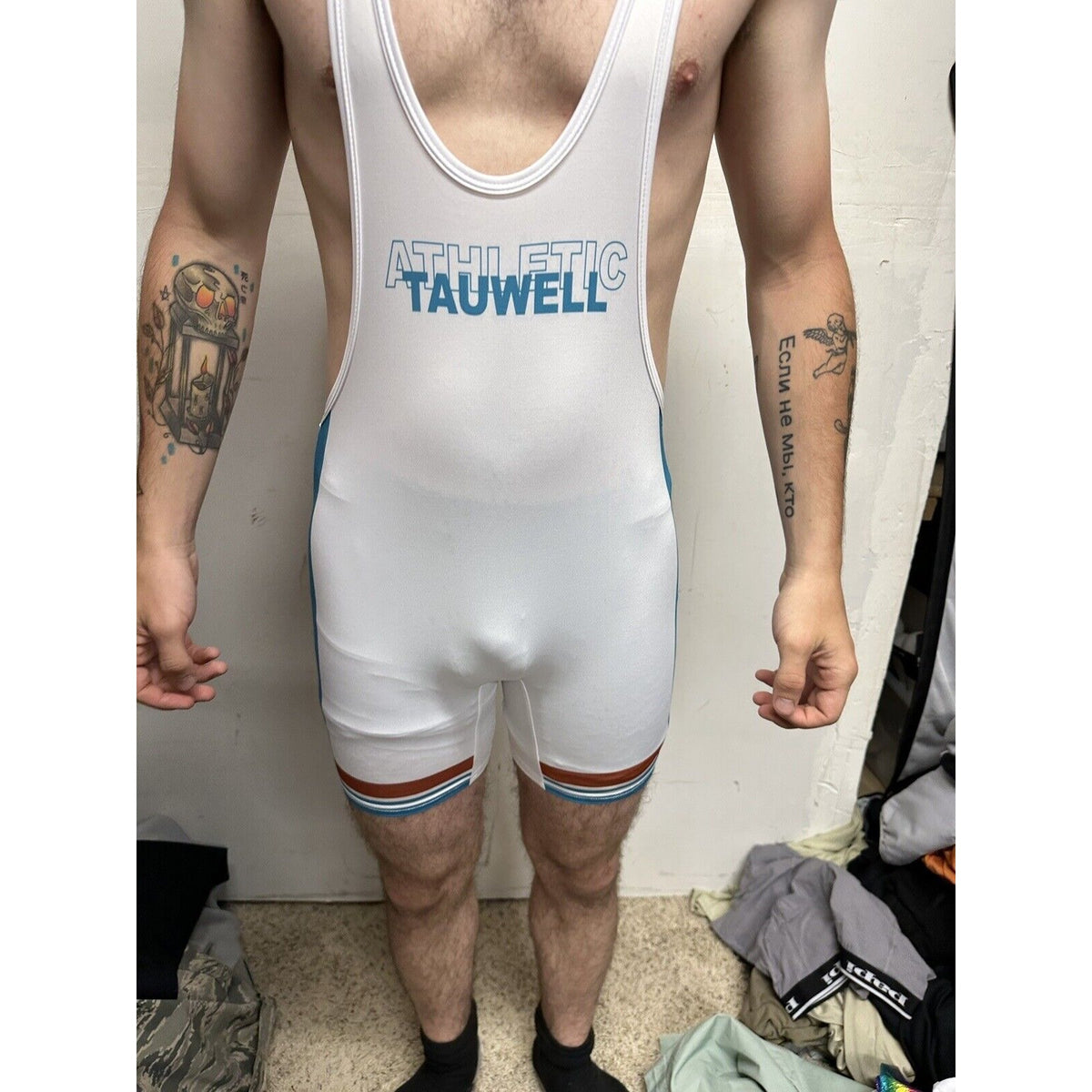 Men’s Tauwell White And Aqua Wrestling Singlet Large