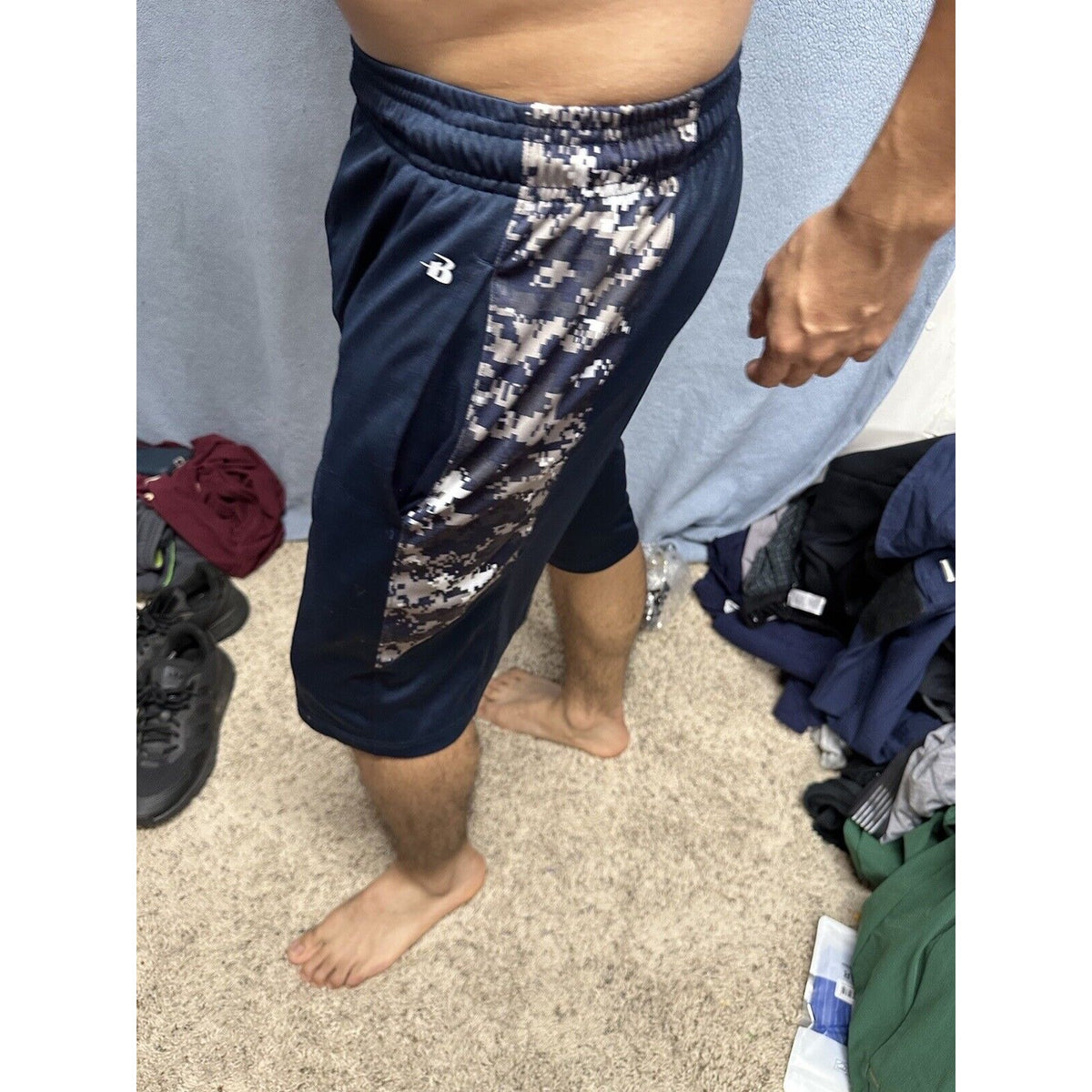 Men’s Badger Sport Small Dark Blue Camo Athletic Shorts With Pockets