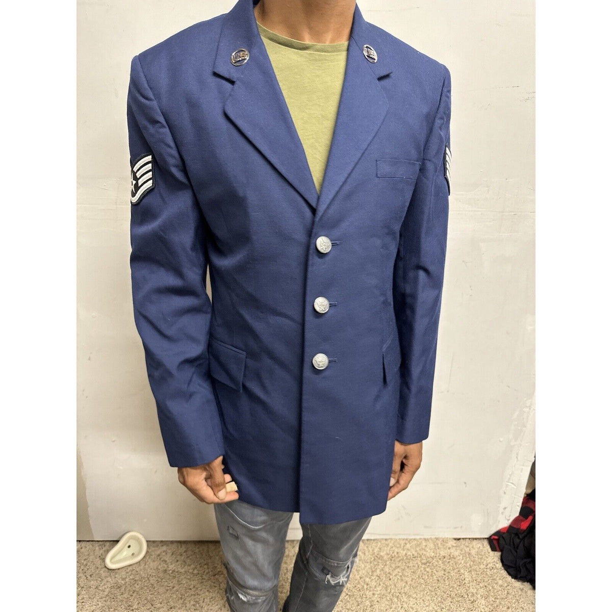 Men’s 40R Coat Uniform Air Force Blue Jacket Staff Sergeant Rank US Insignia