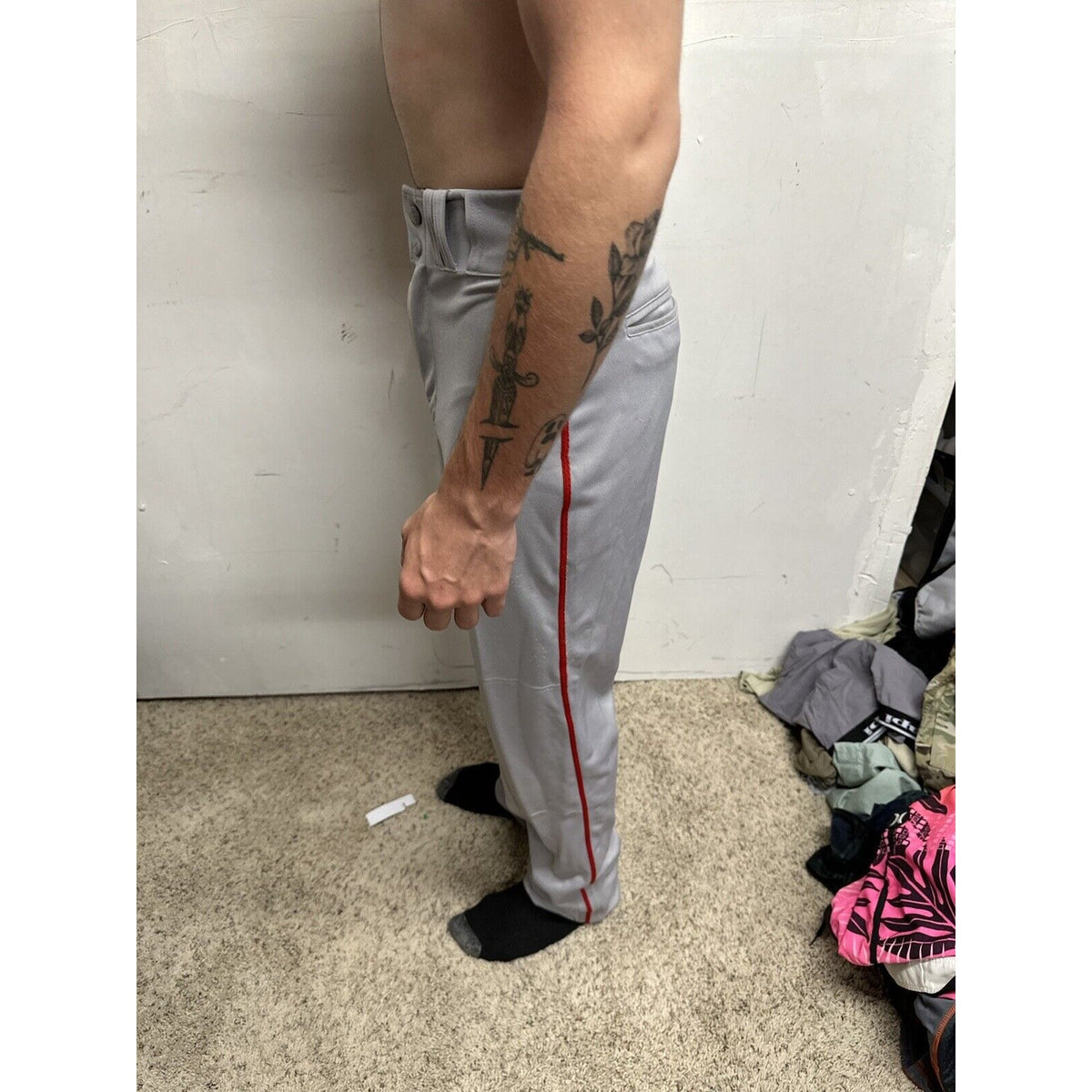 Men’s Chanmpro Adult Small Gray Baseball Pants Red Stripe
