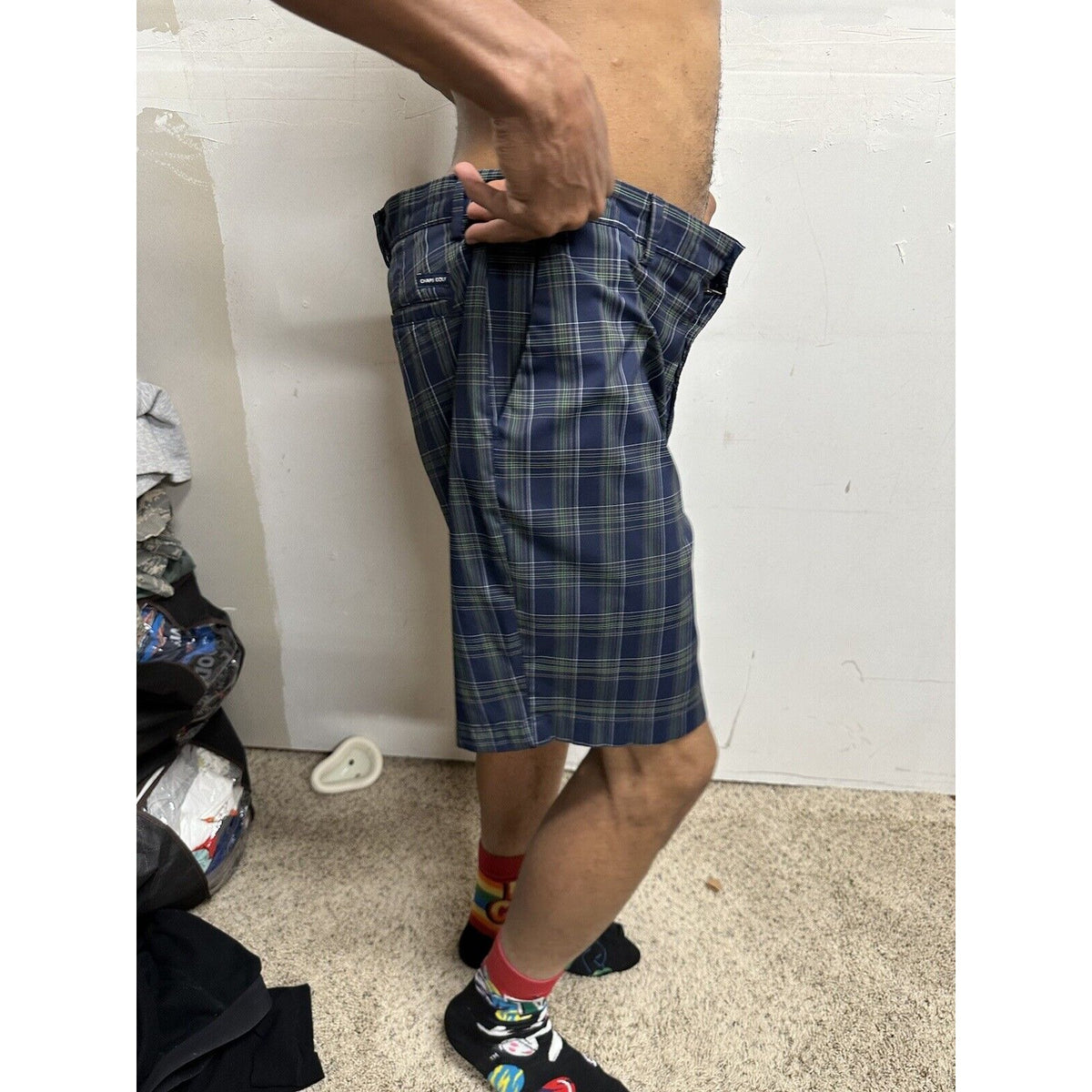 CHAPS Golf 78 Shorts Mens 36 Navy/Green/Grey Plaid Flat Front Stretch