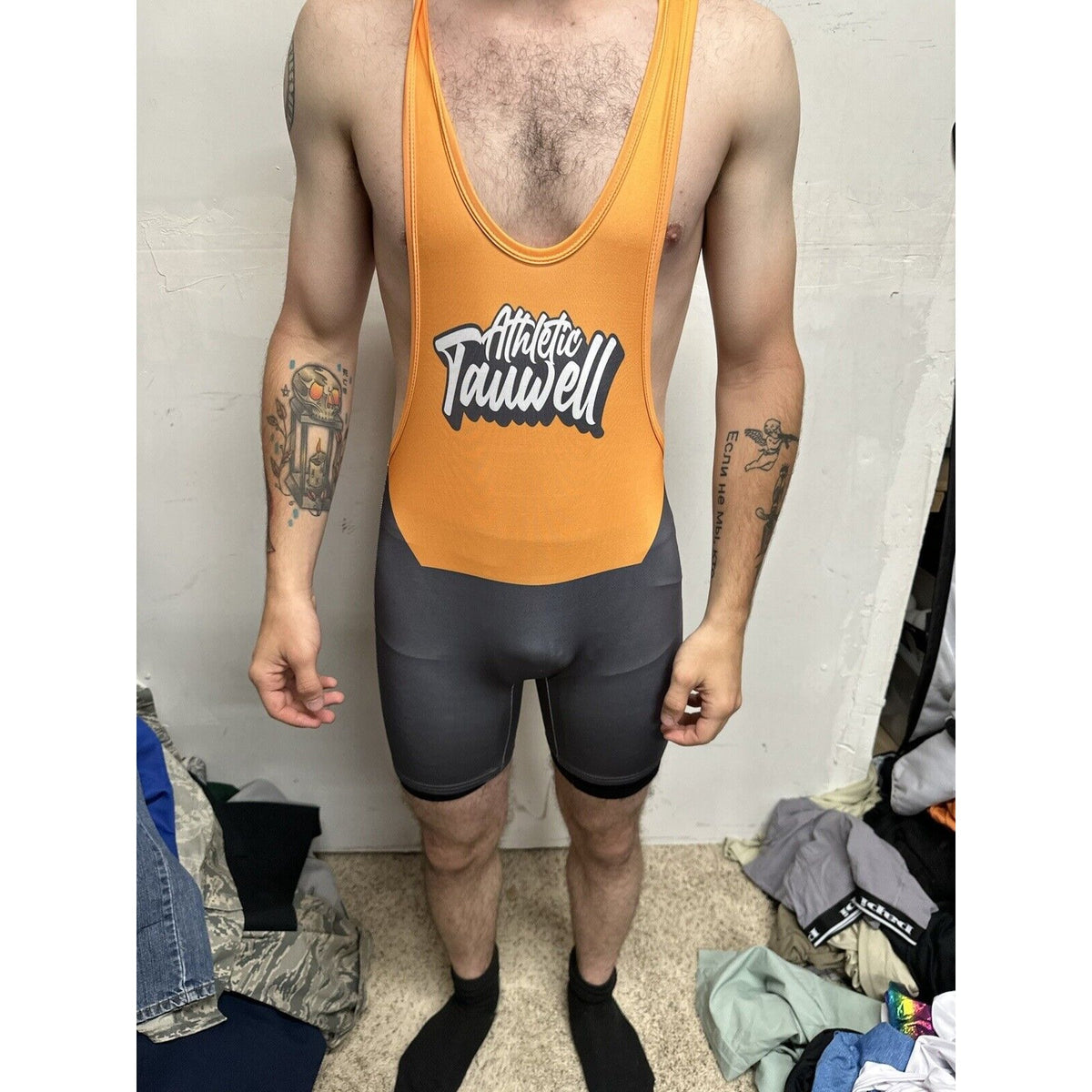 Men’s Large Orange And Gray Tauwell Athletic Wrestling Singlet
