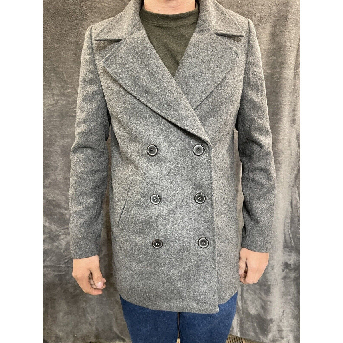 men's small gray old navy overcoat wool poly blend