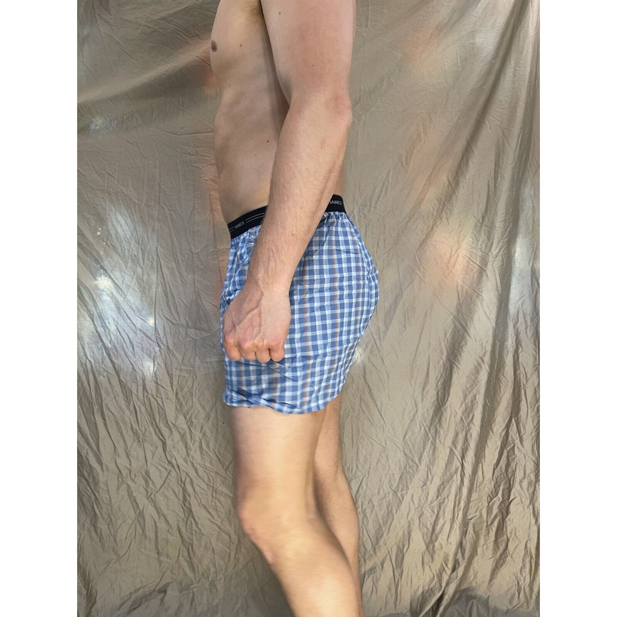 men's hanes blue plaid boxer shorts large confort flex