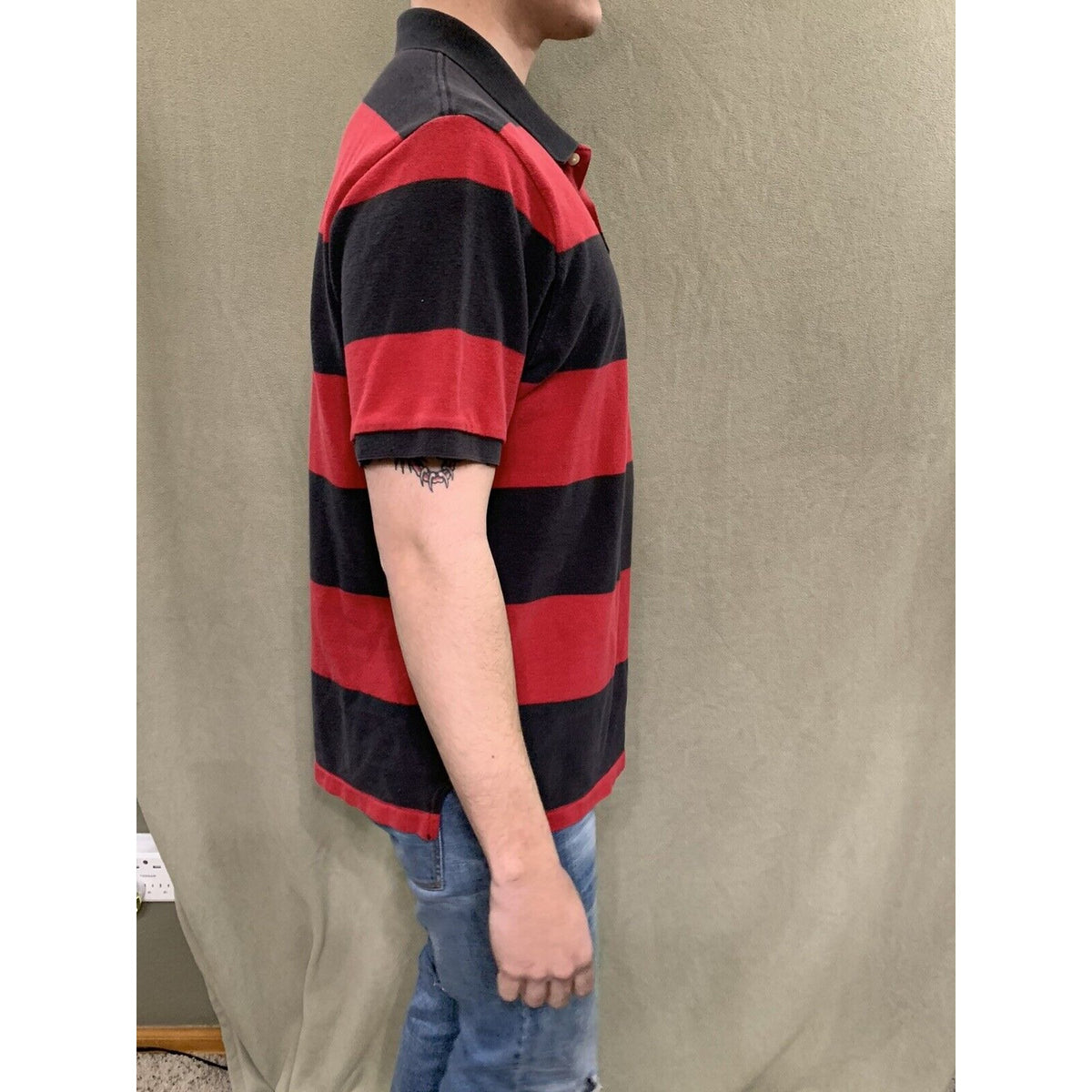 Mens American Eagle Logo Red & Black Striped  Polo Short Sleeve Shirt Large