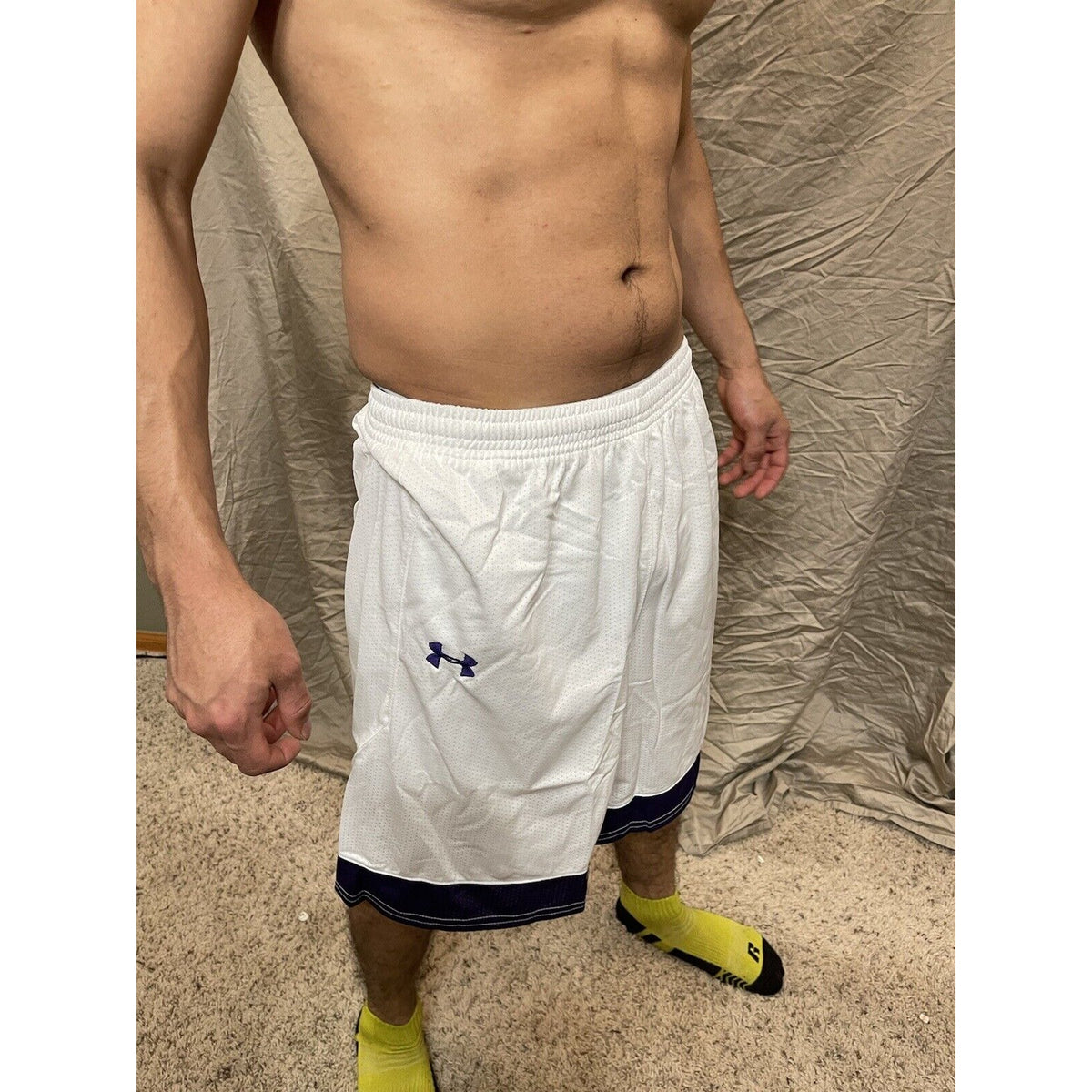 Men's under armour Small white and purple Lacrosse style shorts no pockets