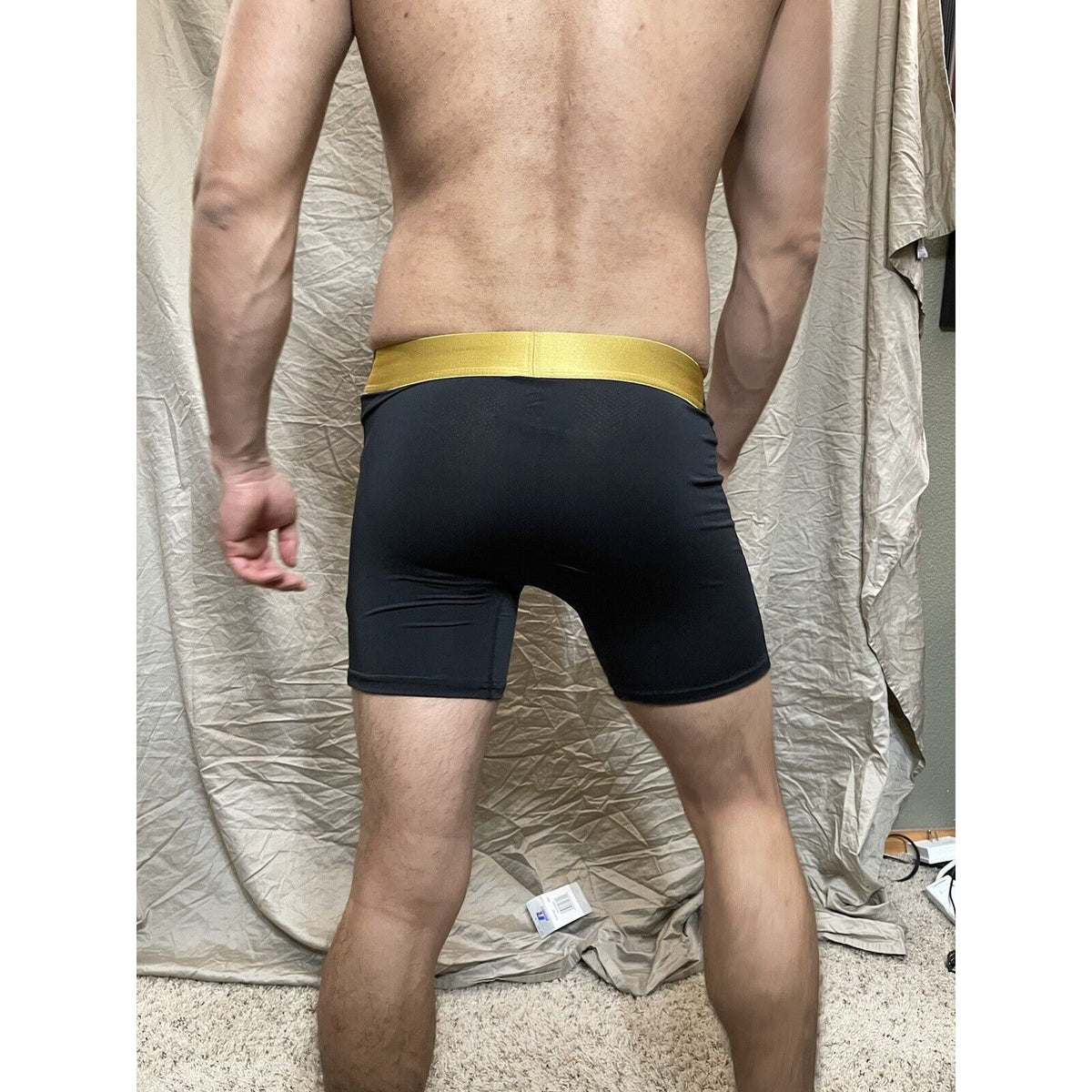 Men's black volcom polyester spandex compression boxer shorts gold band XL