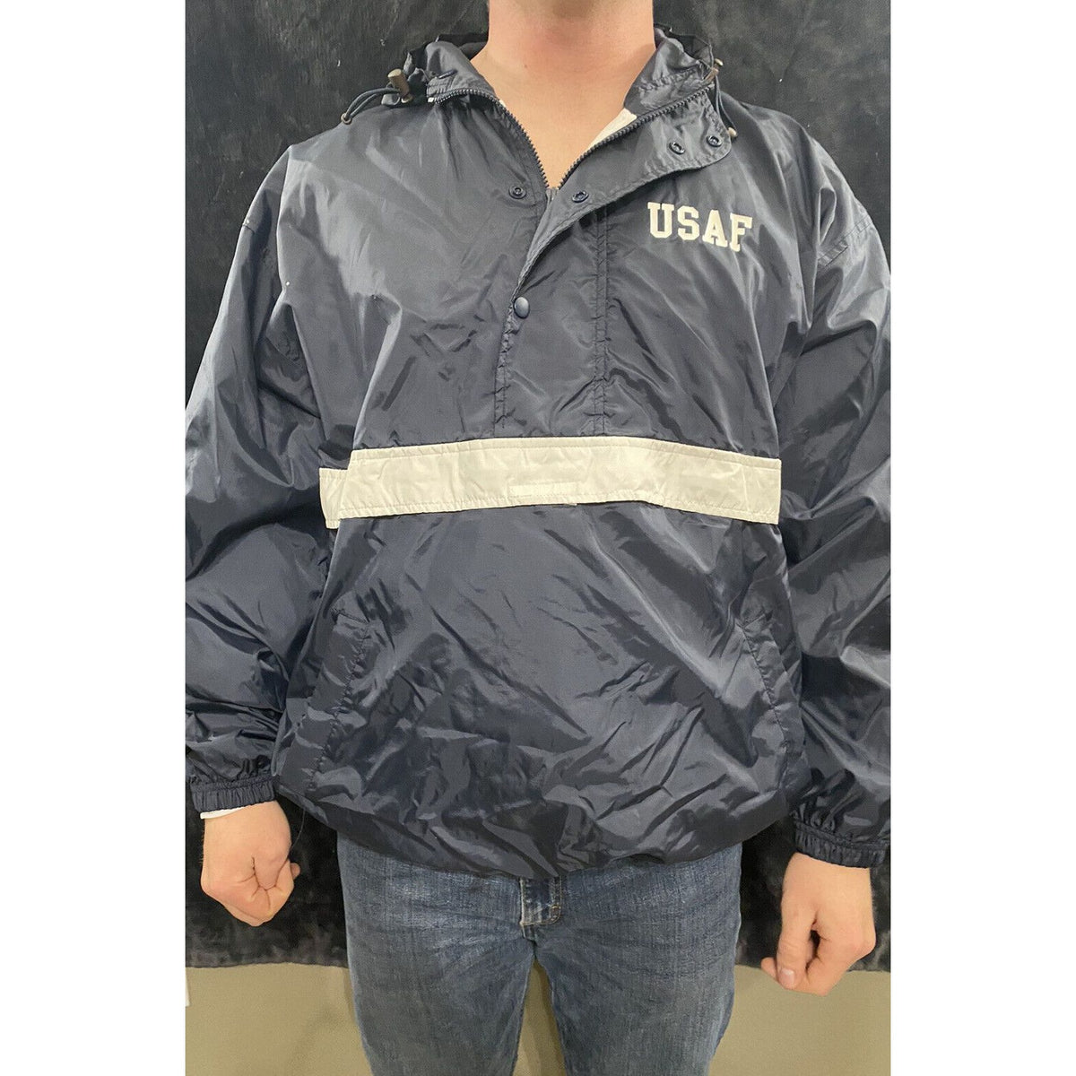 US AIR FORCE Holloway Men’s Large Windbreaker Navy Blue Jacket w/ White Stripe