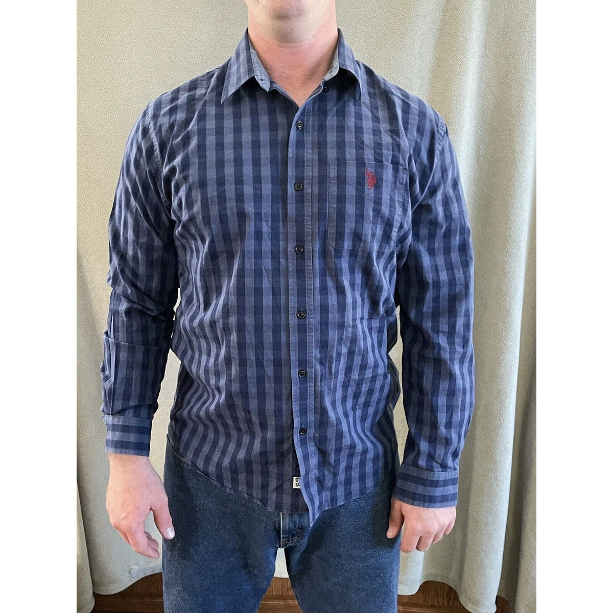 US Polo Assn men long slv Plaid BLUE Button-Front SHIRT stretch cotton