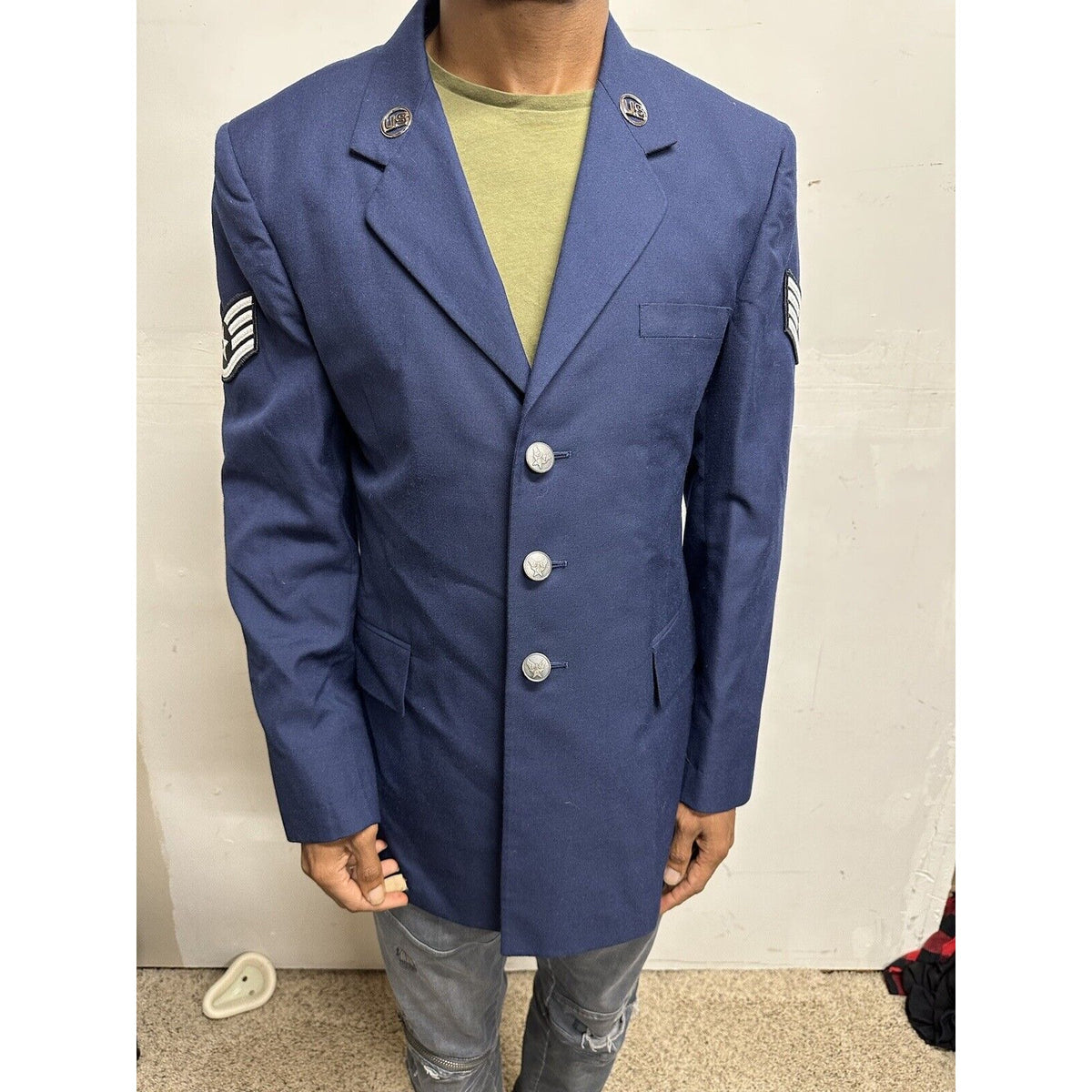 Men’s 40R Coat Uniform Air Force Blue Jacket Staff Sergeant Rank US Insignia