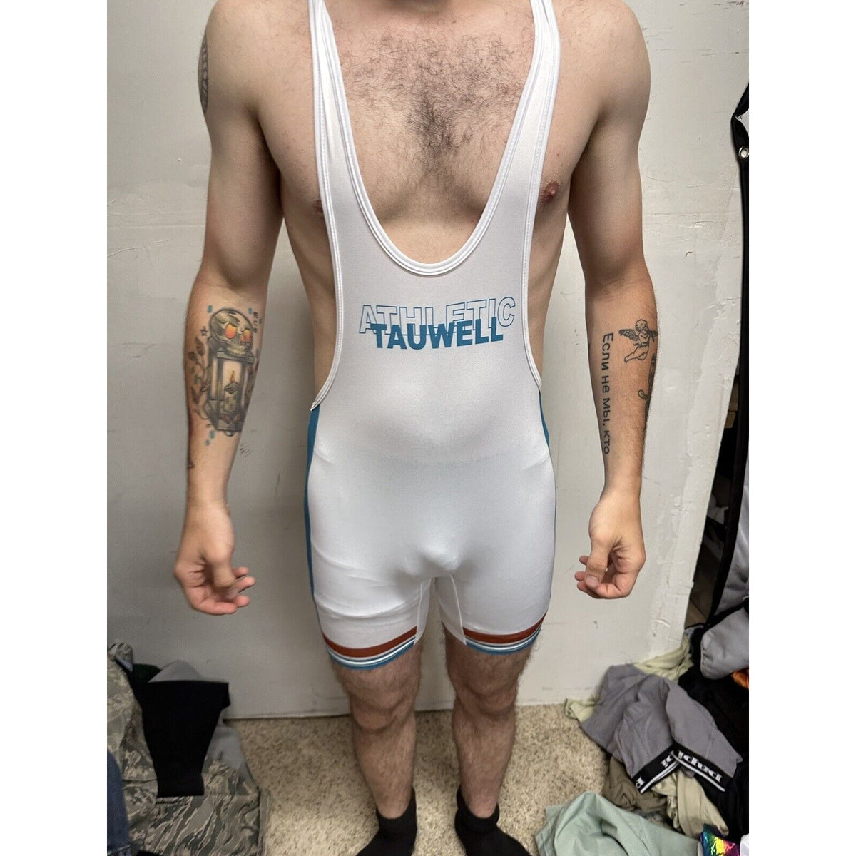 Men’s Tauwell White And Aqua Wrestling Singlet Large