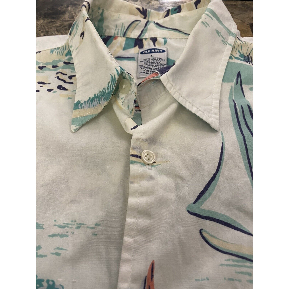 Old Navy White Summer Prints Sailing Boats Island Men’s Large Button-down Shirt