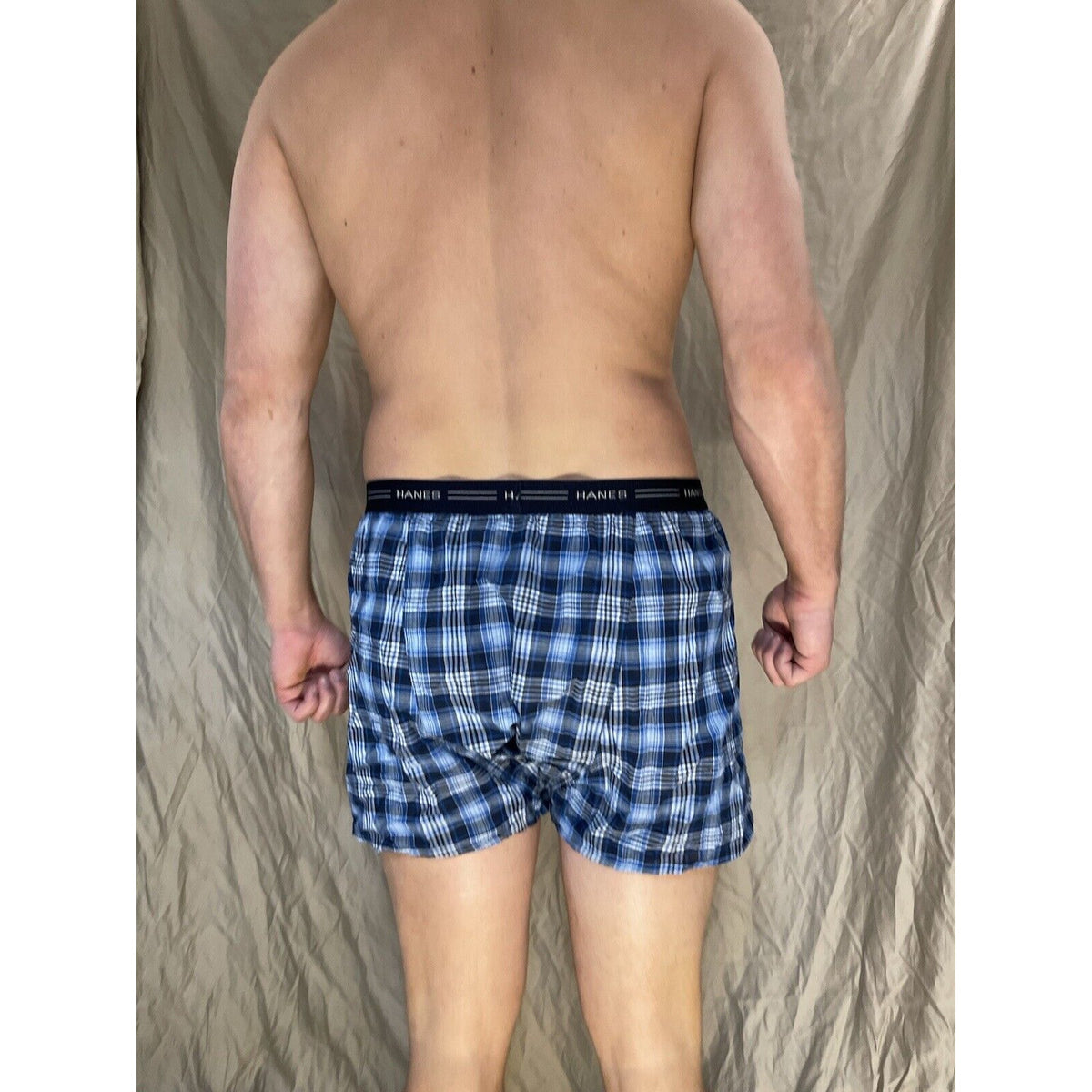 men's hanes blue plaid boxer shorts large confort flex
