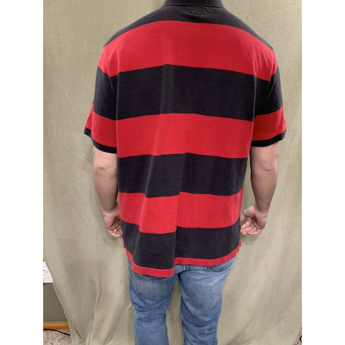 Mens American Eagle Logo Red & Black Striped  Polo Short Sleeve Shirt Large