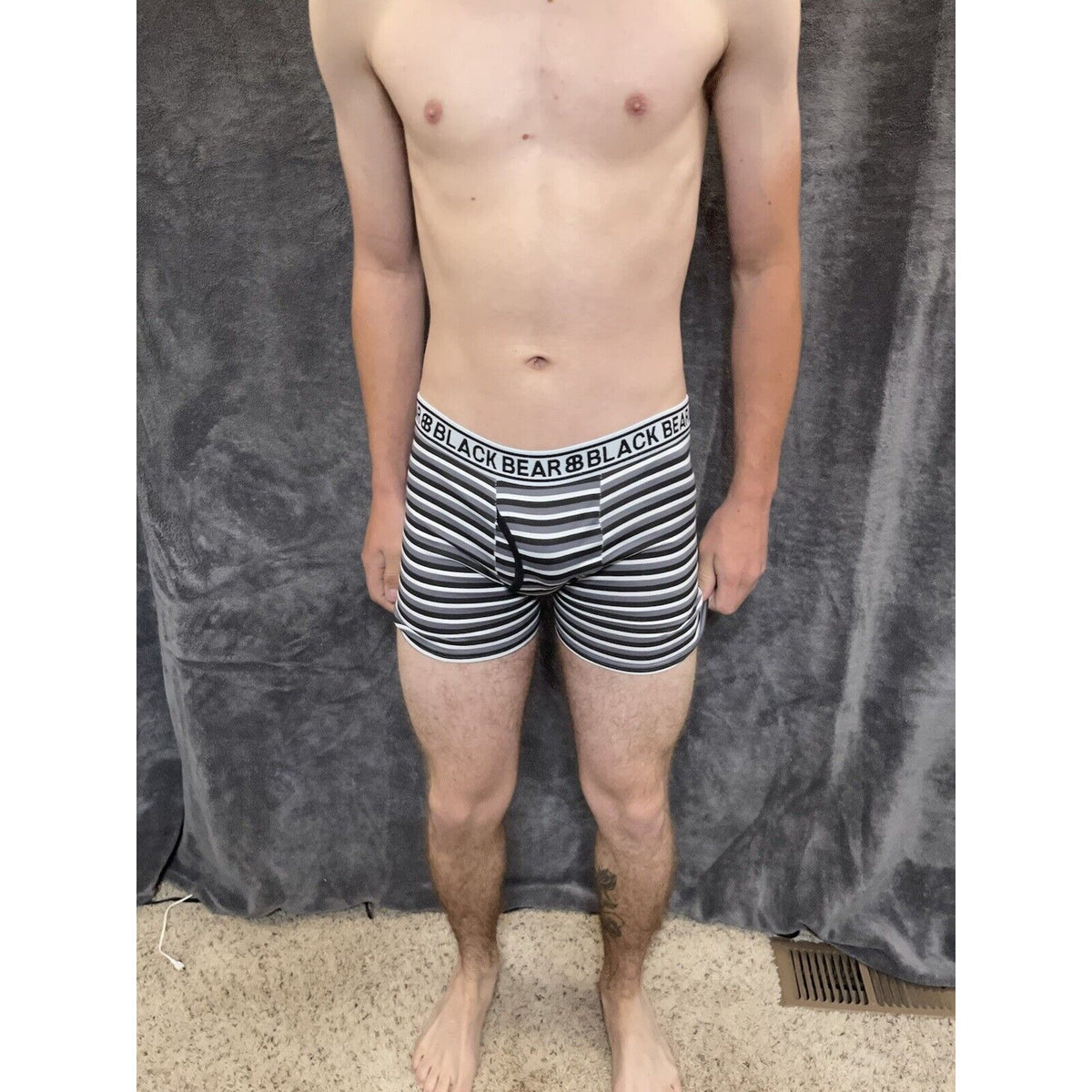 men's medium athletic trunk style black bear boxer brief Black White Gray Stripe