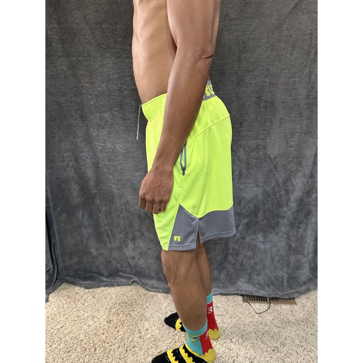Men’s Neon Yellow Russell Athletic Shorts Zippered Pockets Medium