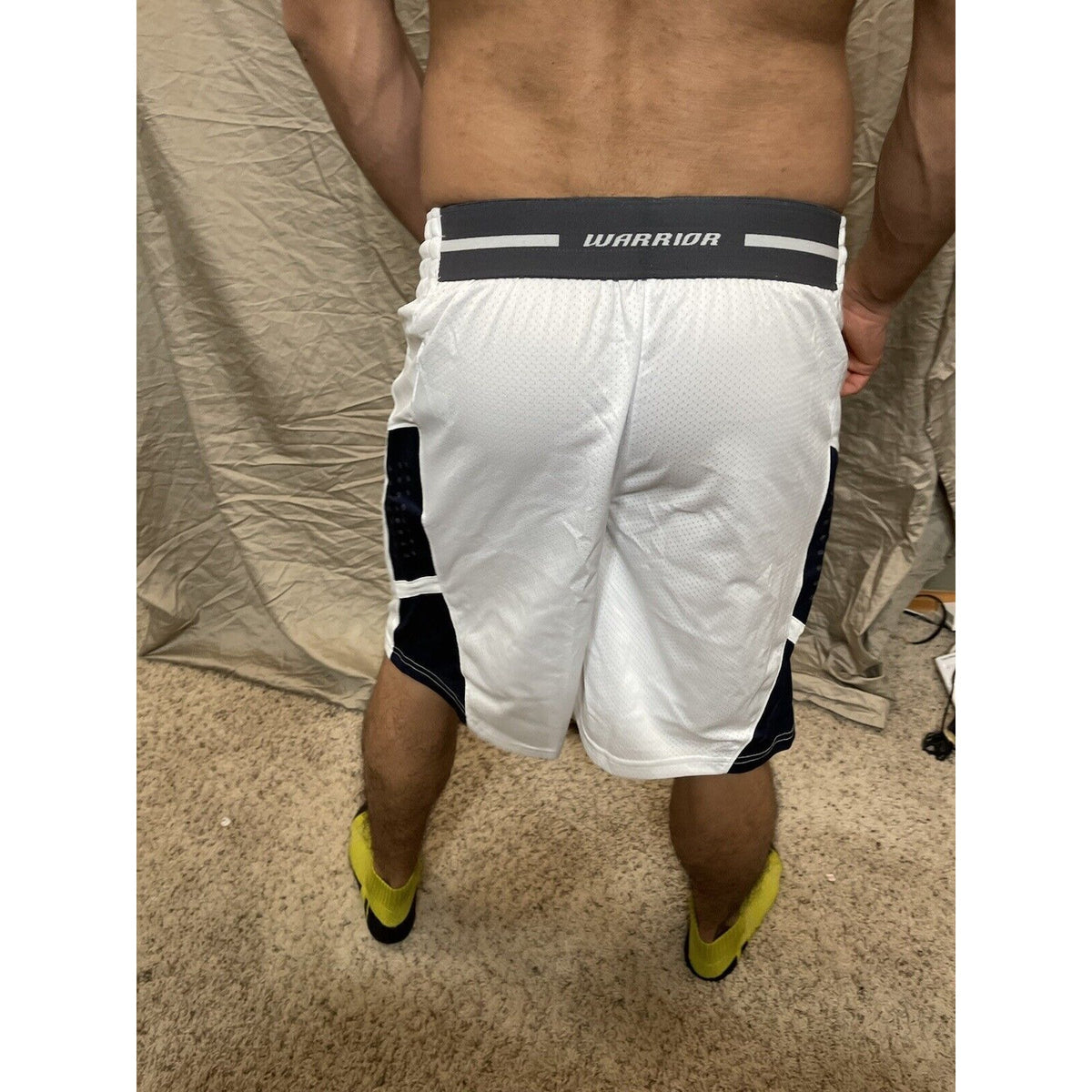 Men's white with dark blue warrior adult small Basketball Style Shorts No Pocket