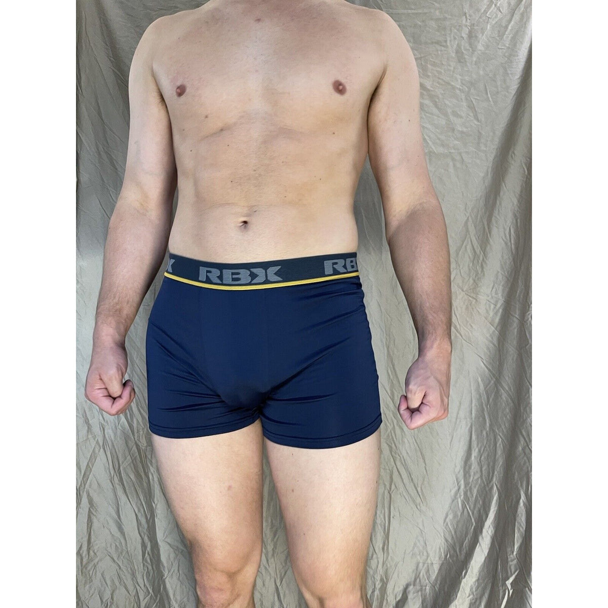 men's blue rbx compression boxer briefs yellow line on band Large
