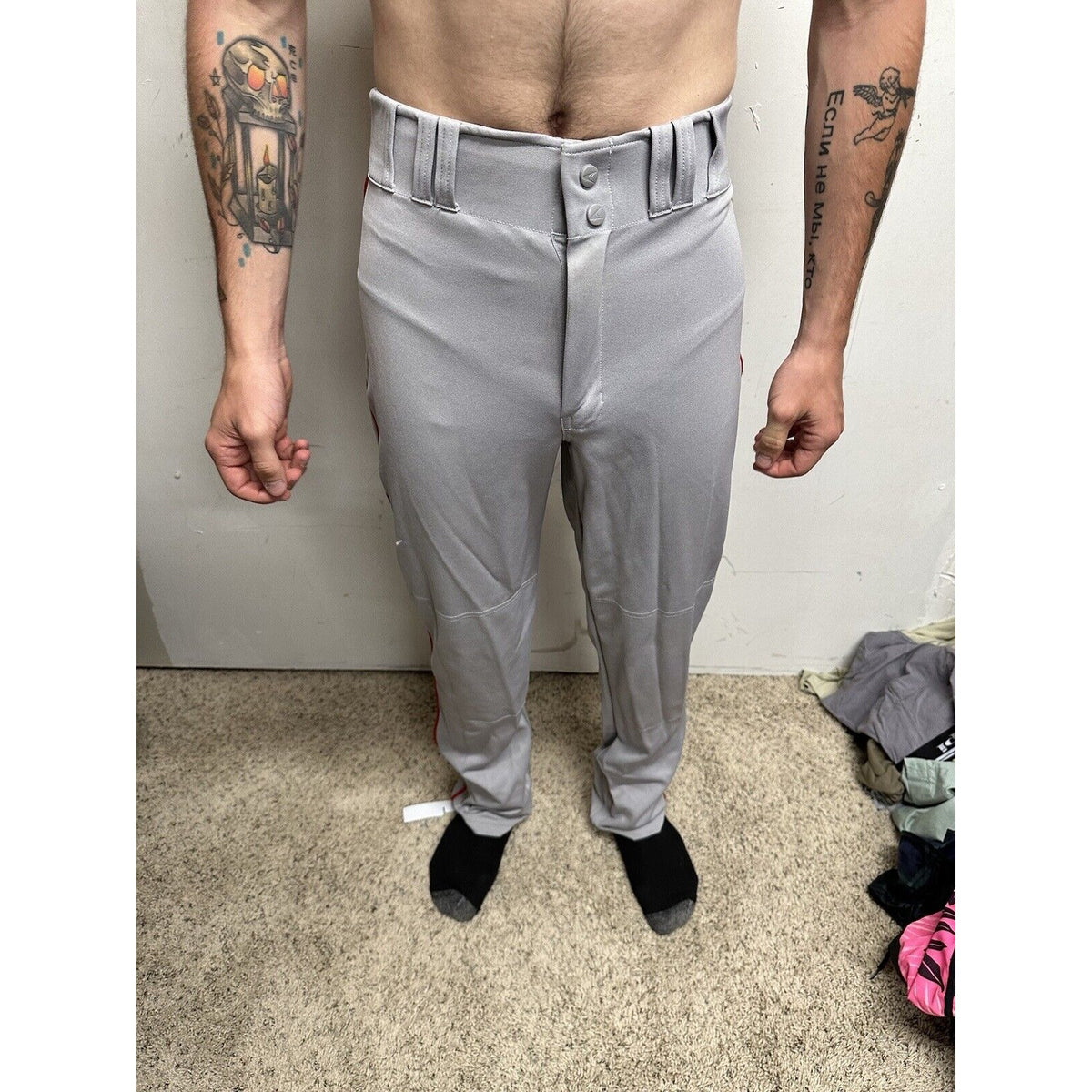 Men’s Chanmpro Adult Small Gray Baseball Pants Red Stripe