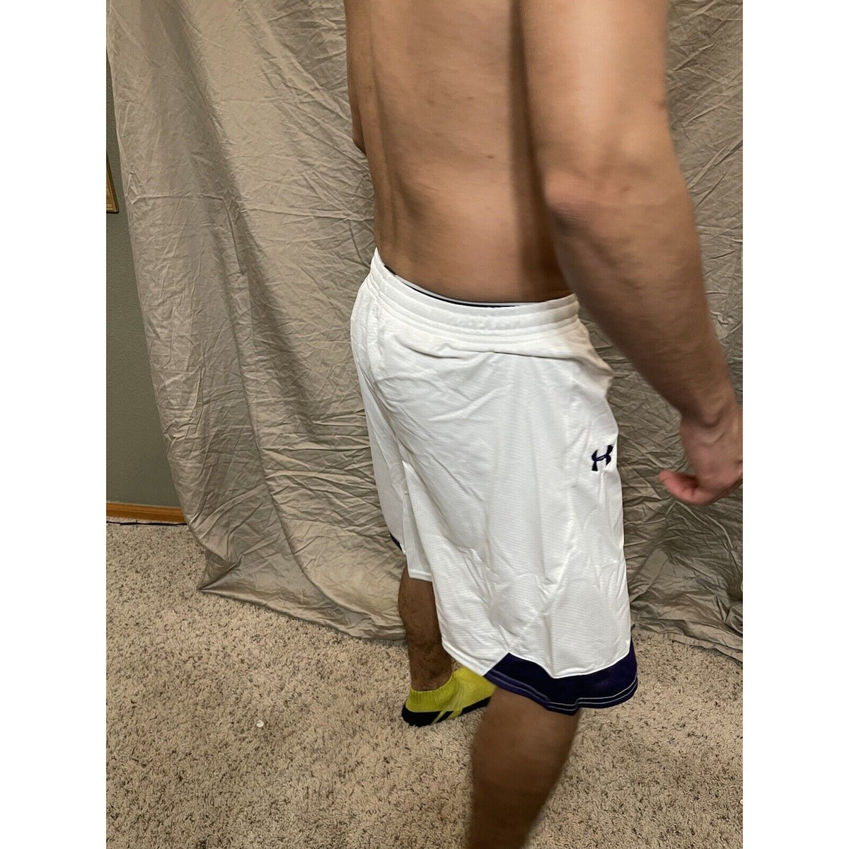 Men's under armour Small white and purple Lacrosse style shorts no pockets