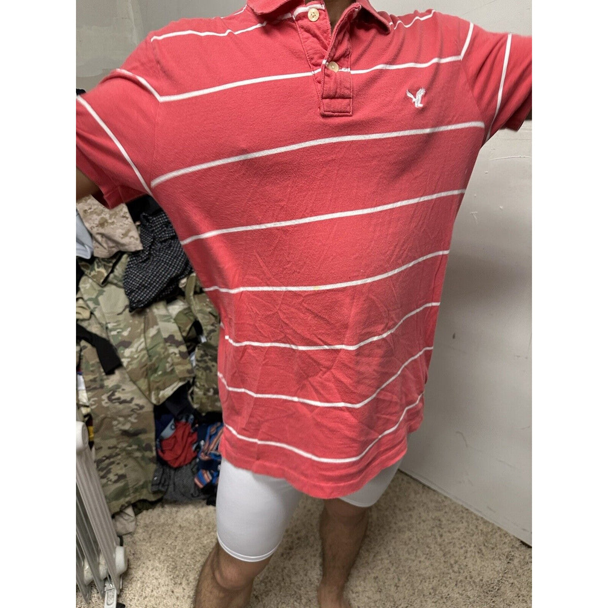 Men’s Vintage Fit American Eagle Polo Large Pink White Striped