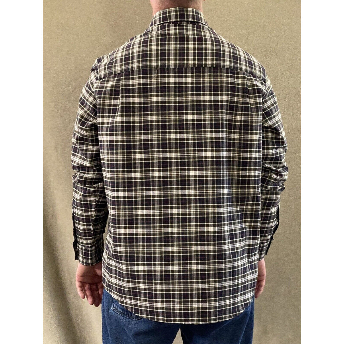 Chaps Surplus Men’s Large Green White Plaid Button-down Fitted Long Sleeves