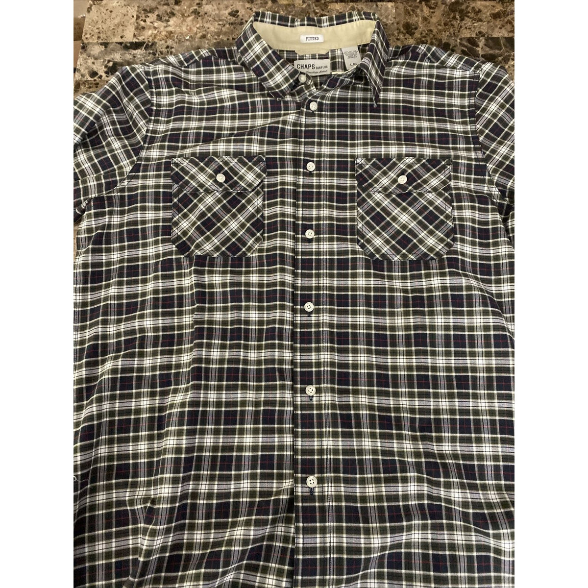 Chaps Surplus Men’s Large Green White Plaid Button-down Fitted Long Sleeves