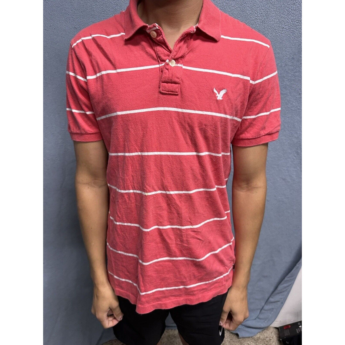 Salmon Pink Men’s Striped American Eagle Vintage Fit Large Polo Shirt