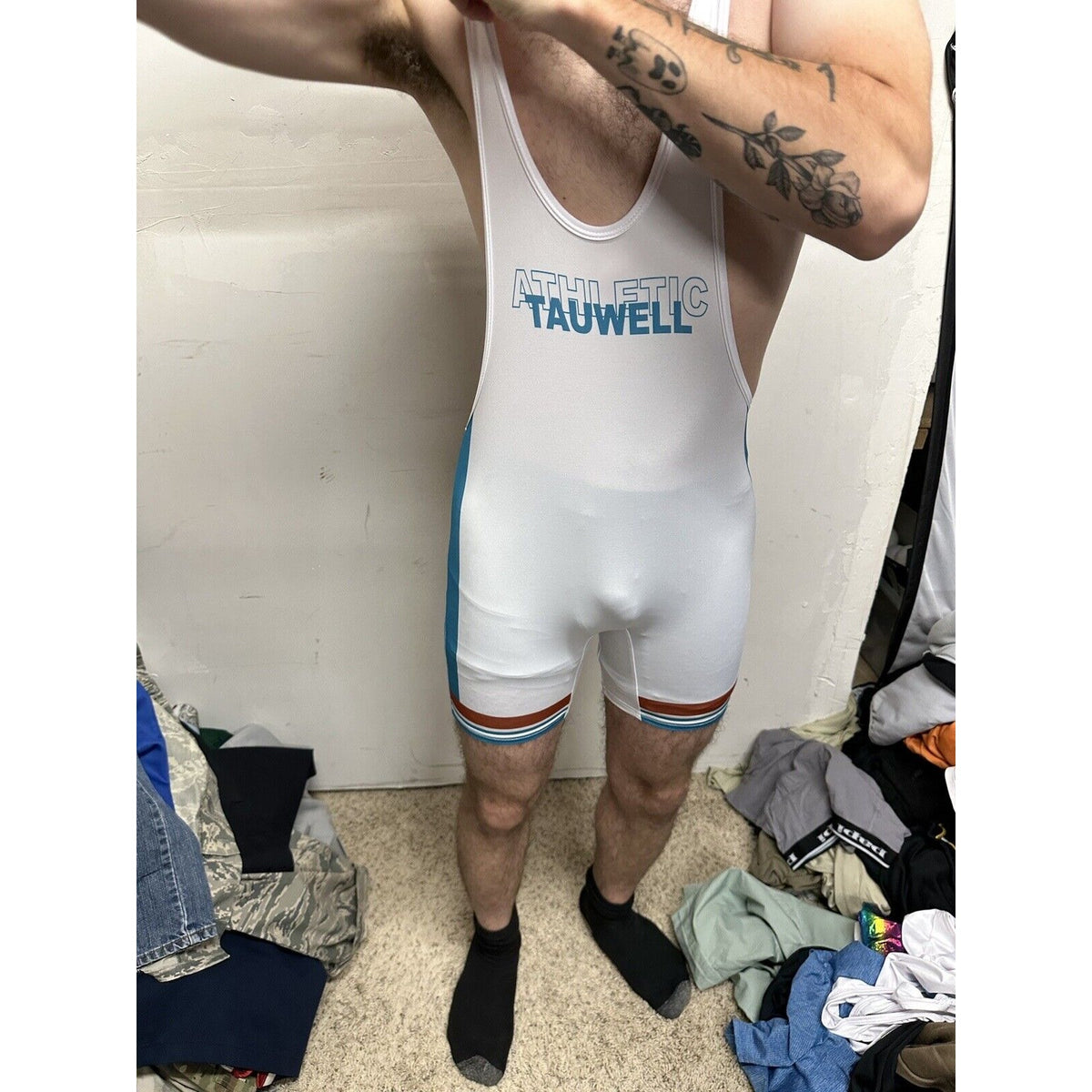 Men’s Tauwell White And Aqua Wrestling Singlet Large