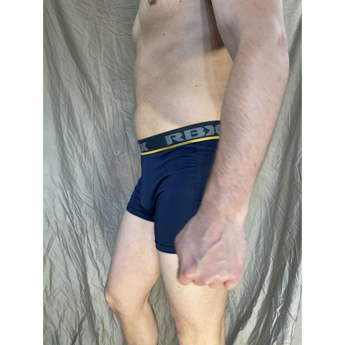 men's blue rbx compression boxer briefs yellow line on band Medium