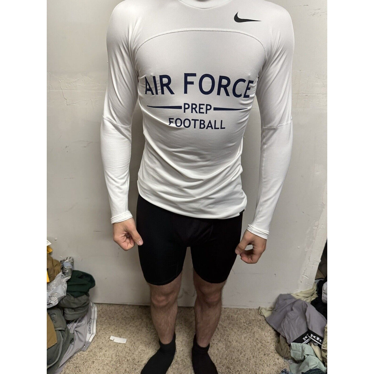 Men’s White Nike Pro Compression Hyper Warm Air Force Prep Football Shirt