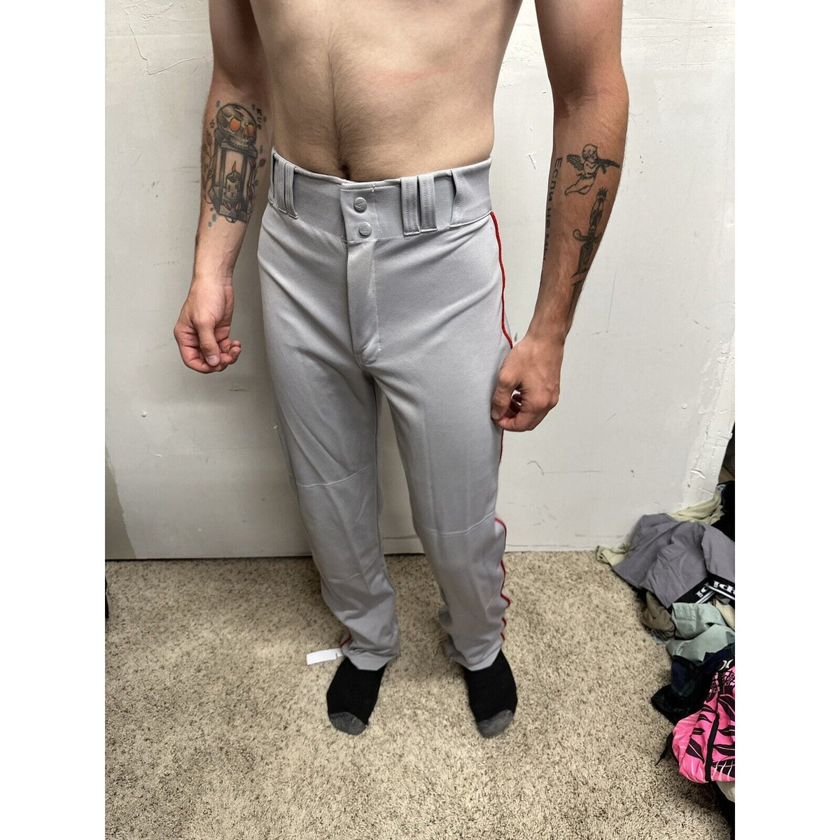 Men’s Chanmpro Adult Medium Gray Baseball Pants Red Stripe